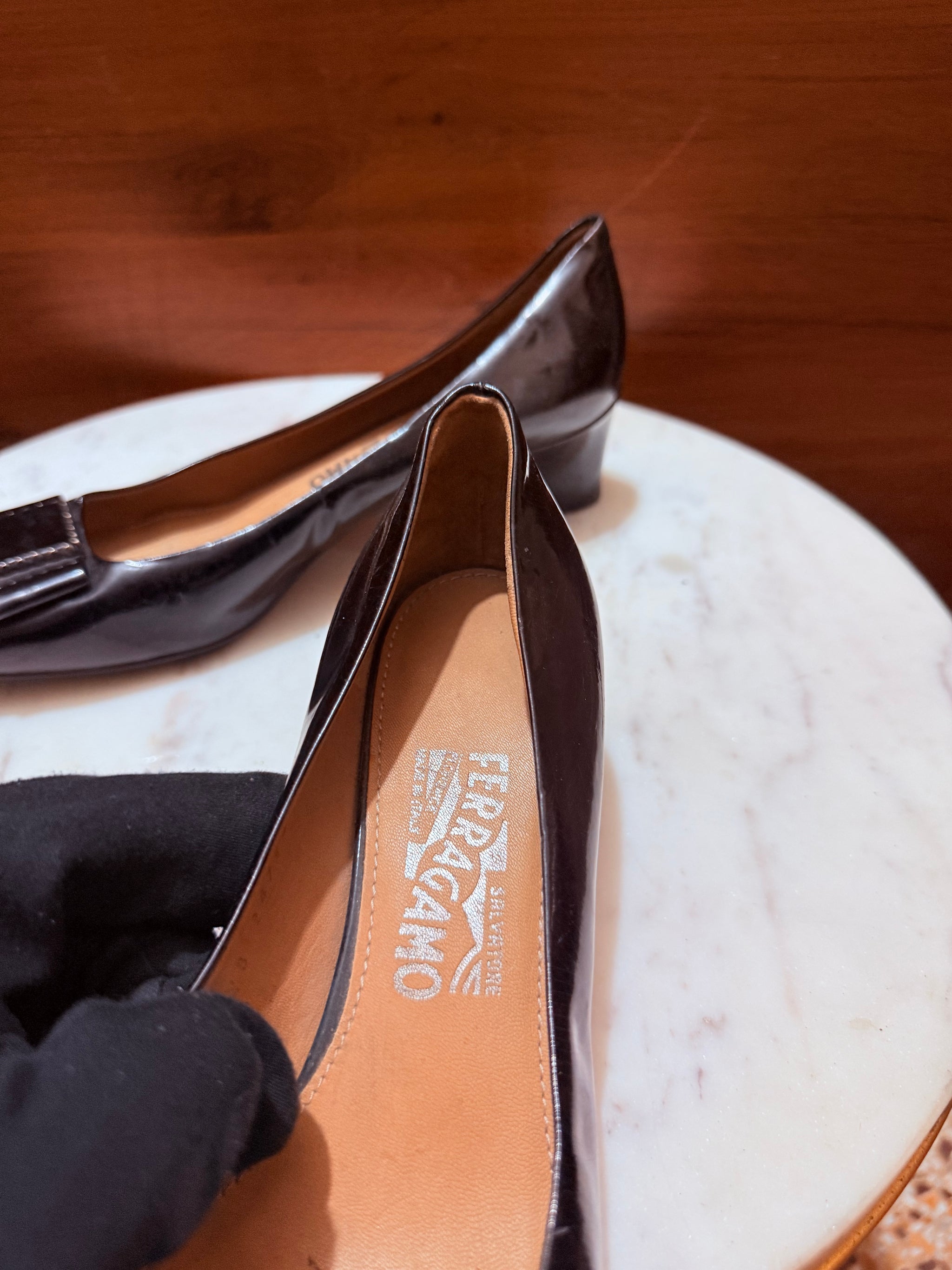 Salvatore Ferragamo Beaded Square Buckle Patent Leather Low Block Heel Pumps