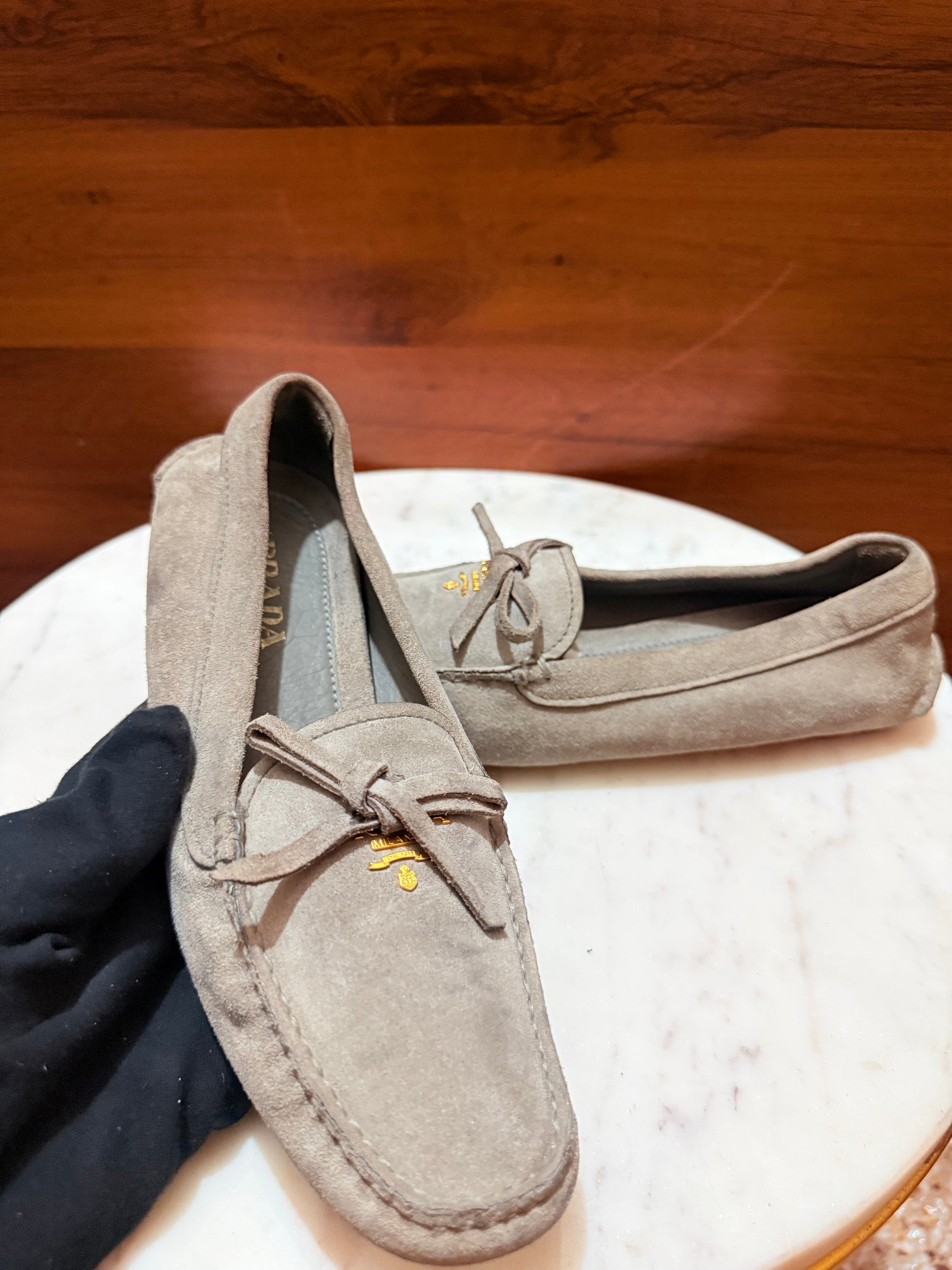 Prada Bow Detail Logo Suede Driving Loafers