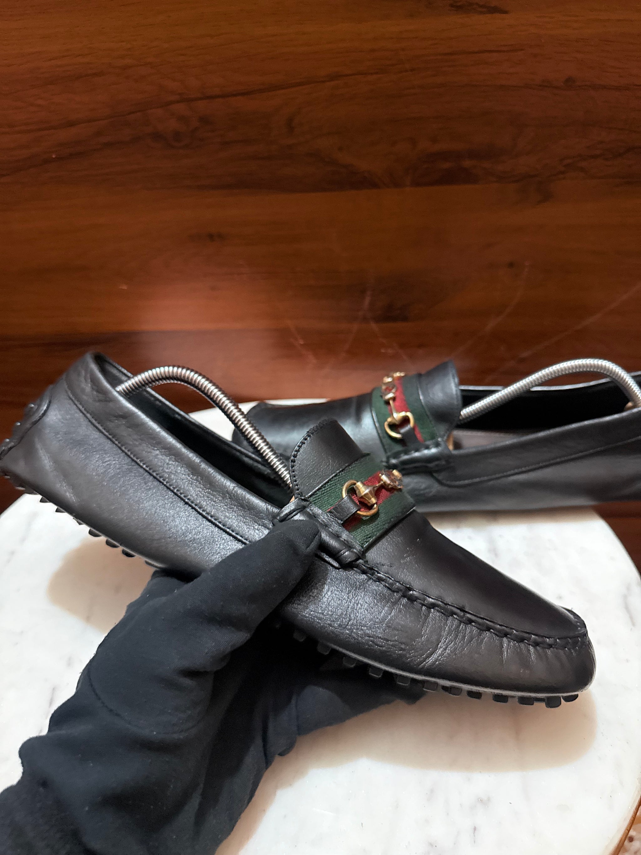 Gucci Web Stripe Horsebit Leather Driver Loafers