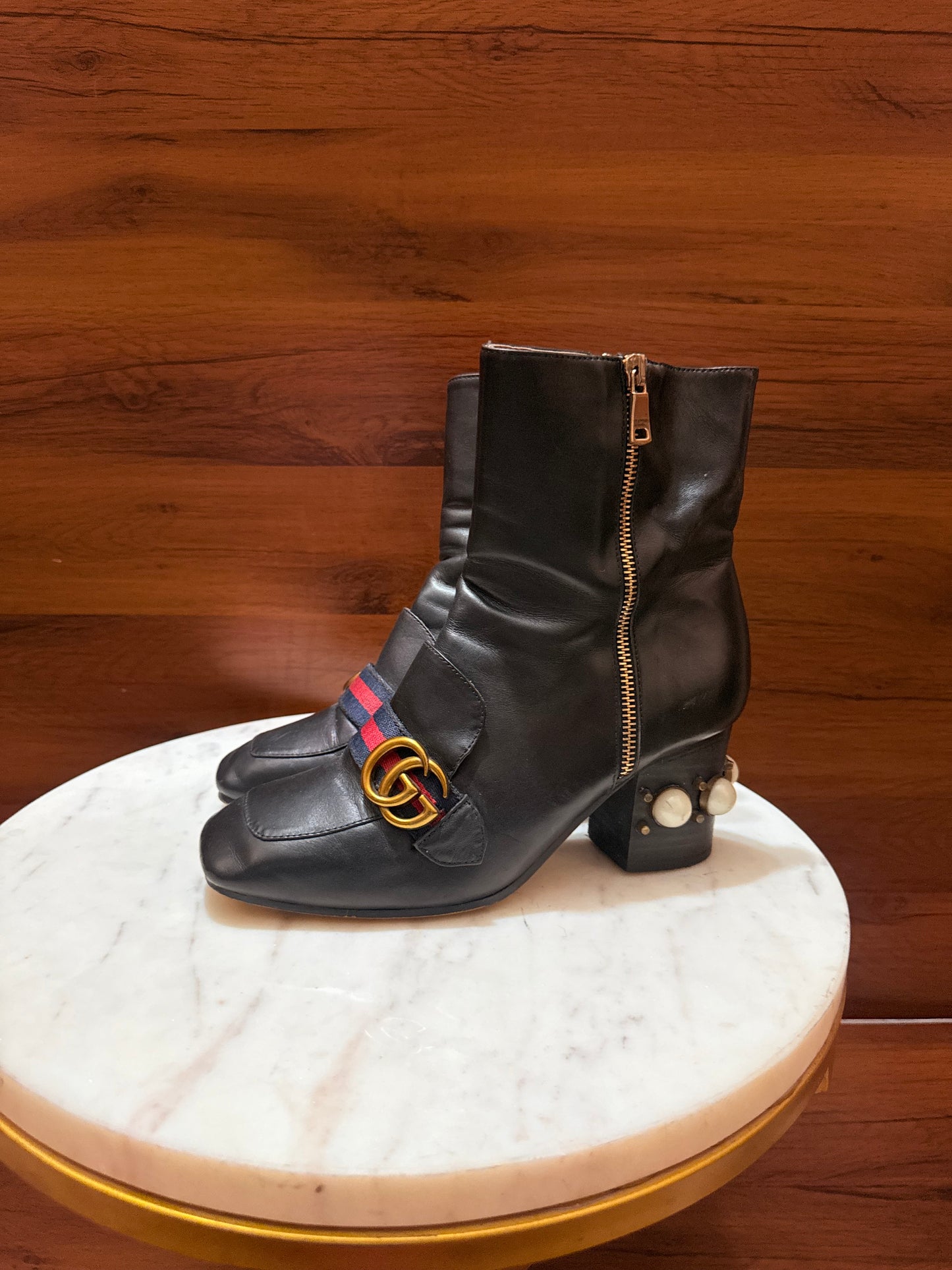 Gucci GG Web Stripe Pearl Embellished Block Heel Ankle Boots