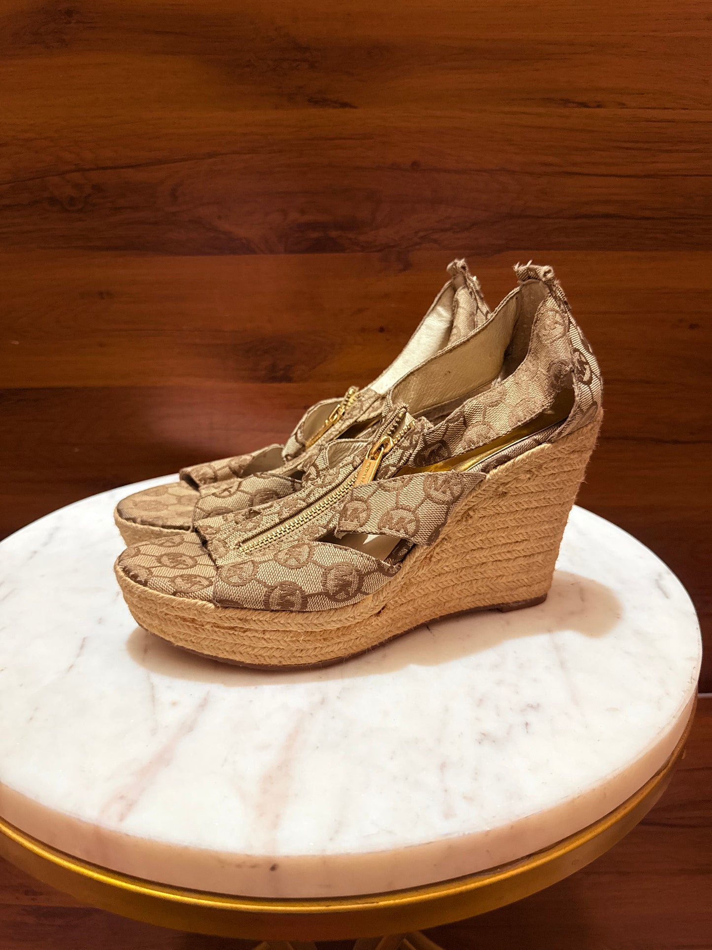 Michael Kors Logo Monogram Canvas Front-Zip Espadrille Wedge Sandals