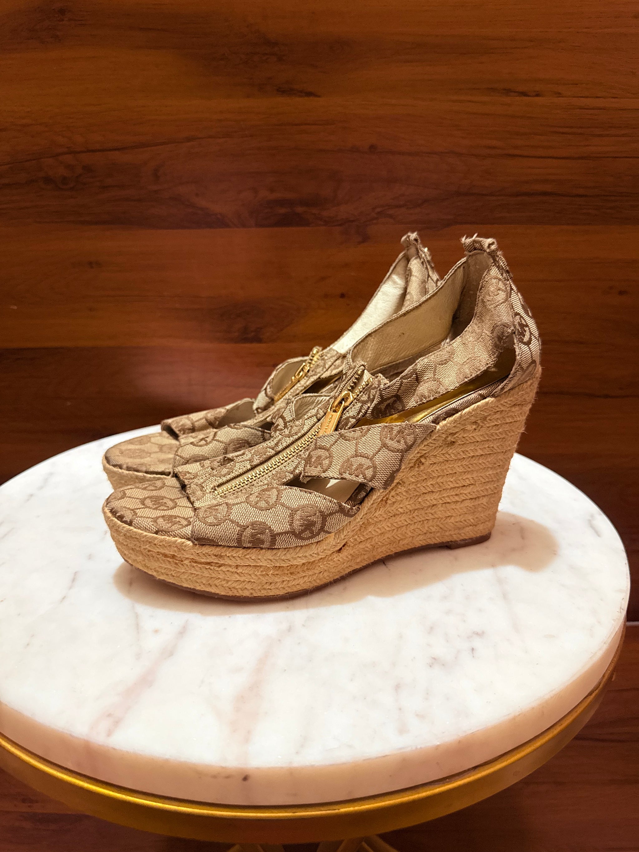 Michael Kors Logo Monogram Canvas Front-Zip Espadrille Wedge Sandals