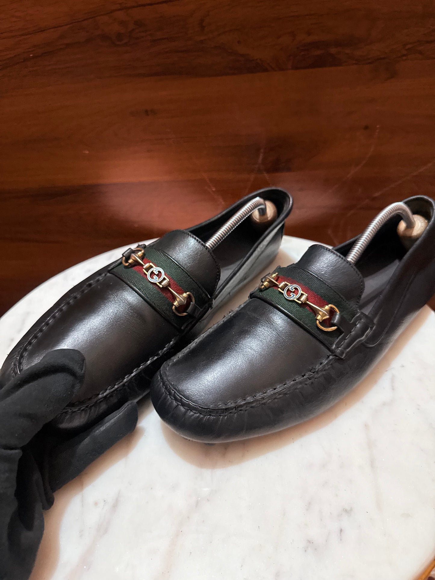 Gucci Web Stripe Horsebit Leather Driver Loafers