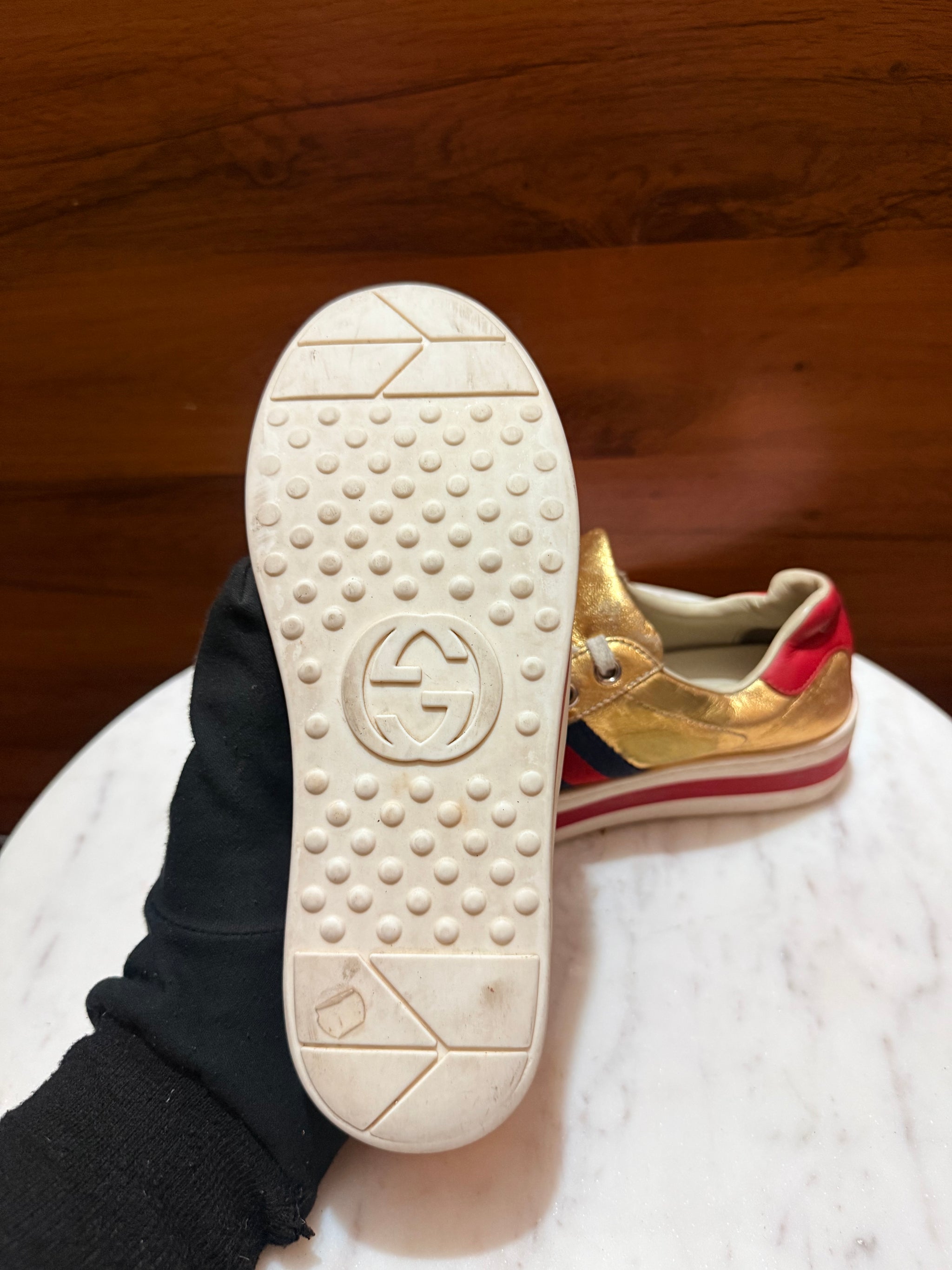 Gucci Kids Metallic Gold Leather Web Stripe Ace Platform Sneakers