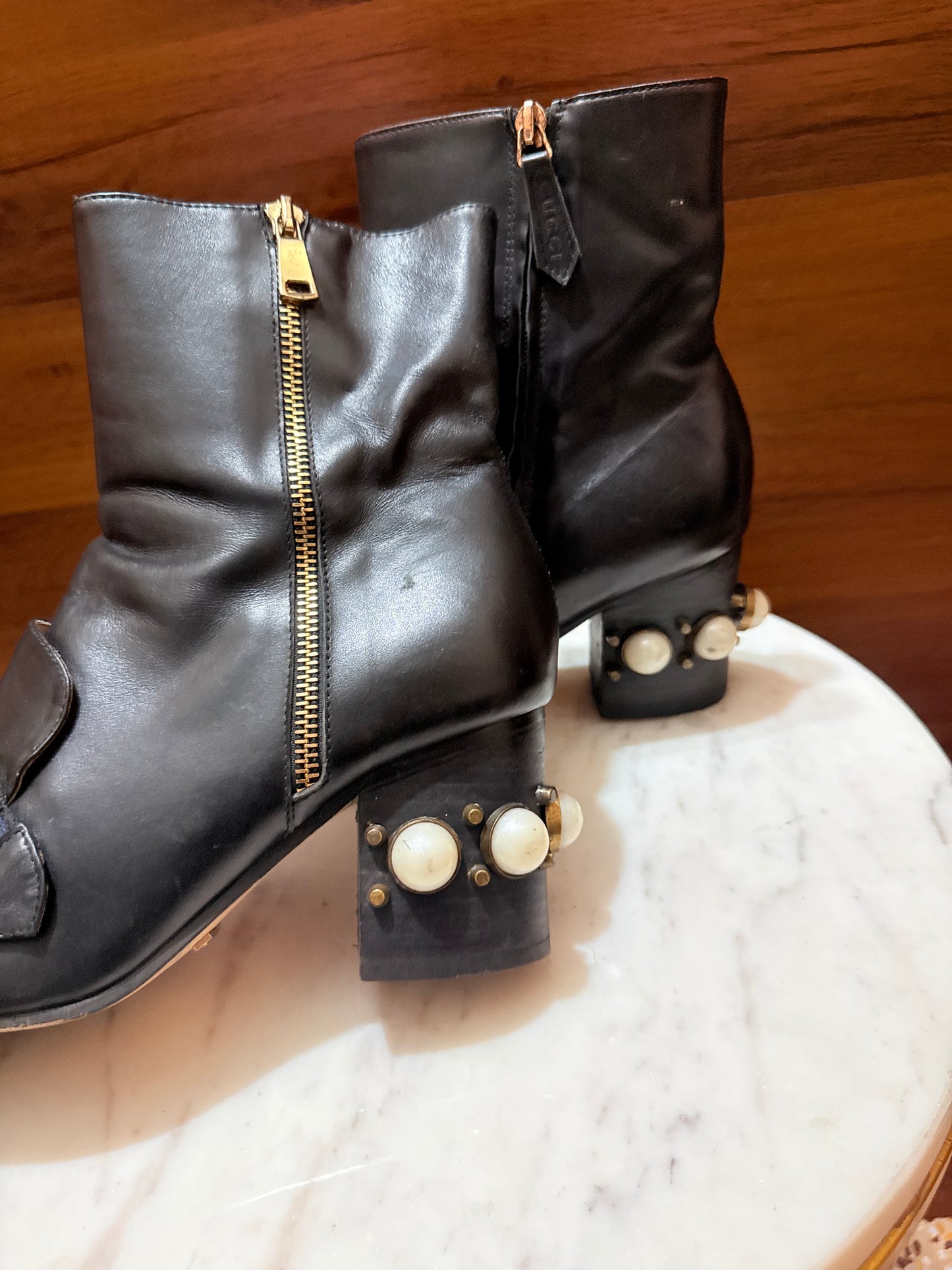 Gucci GG Web Stripe Pearl Embellished Block Heel Ankle Boots