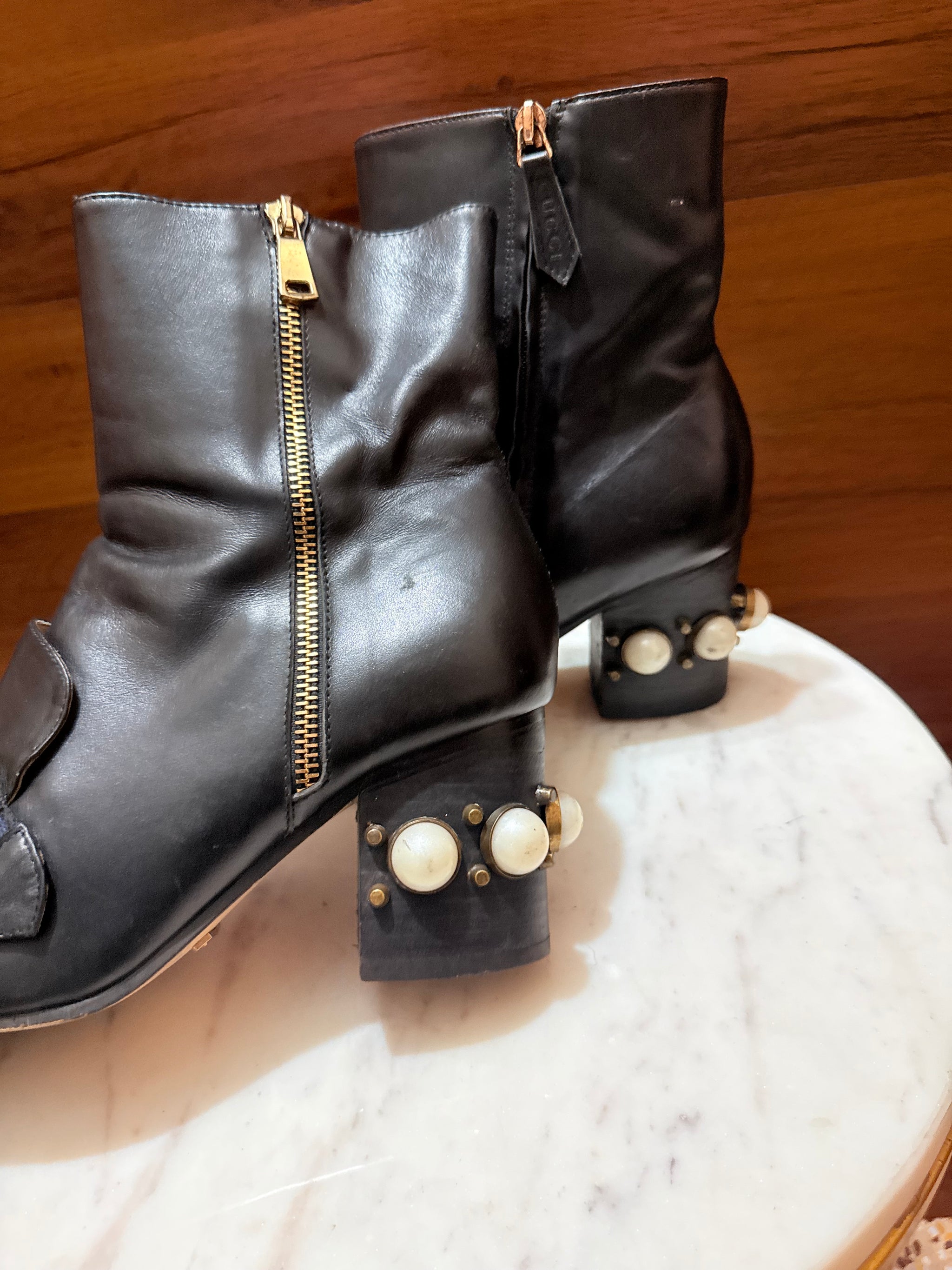 Gucci GG Web Stripe Pearl Embellished Block Heel Ankle Boots