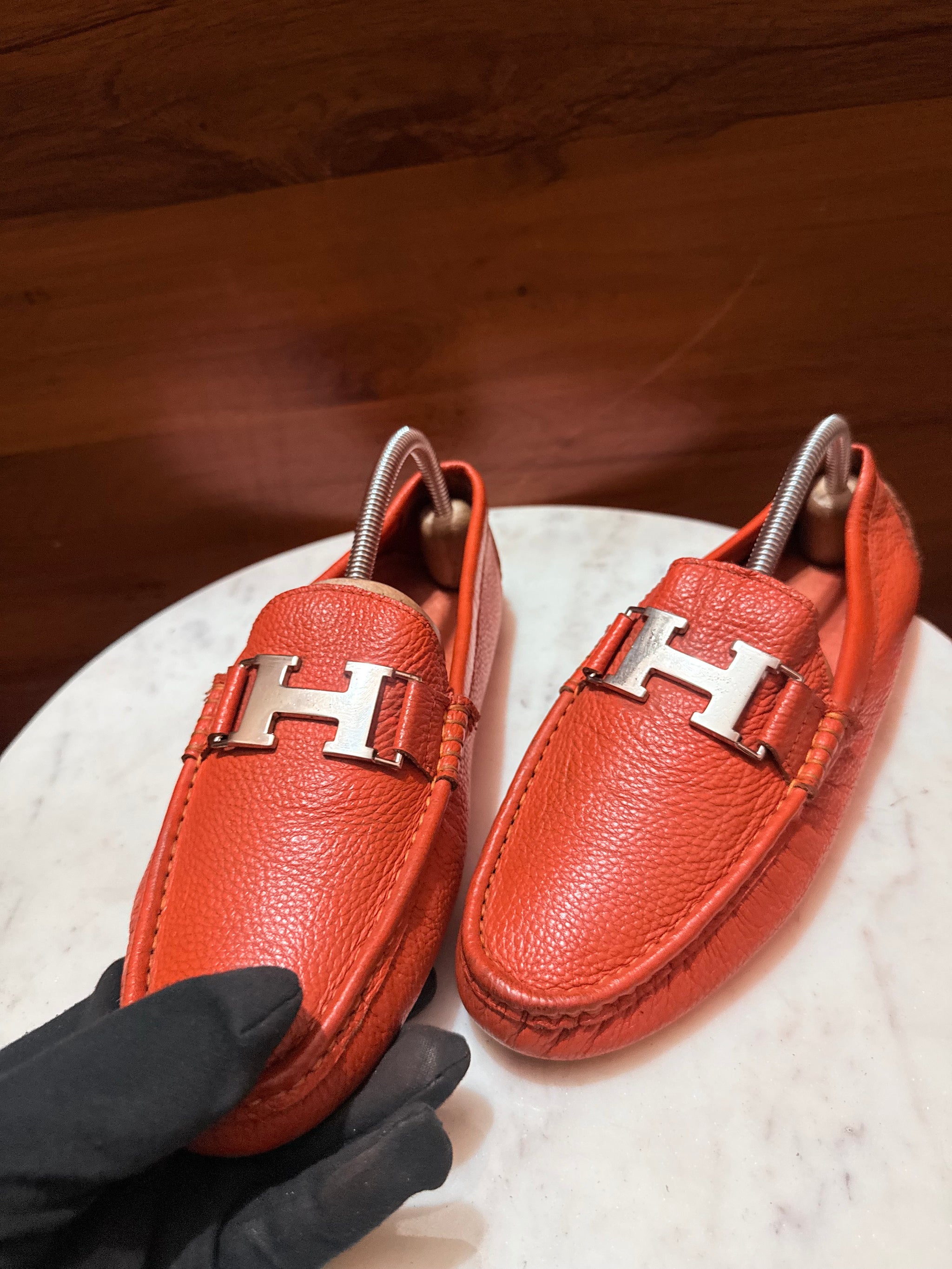Hermes Paris 'H' Buckle Grainy Leather Moccasin Drivers