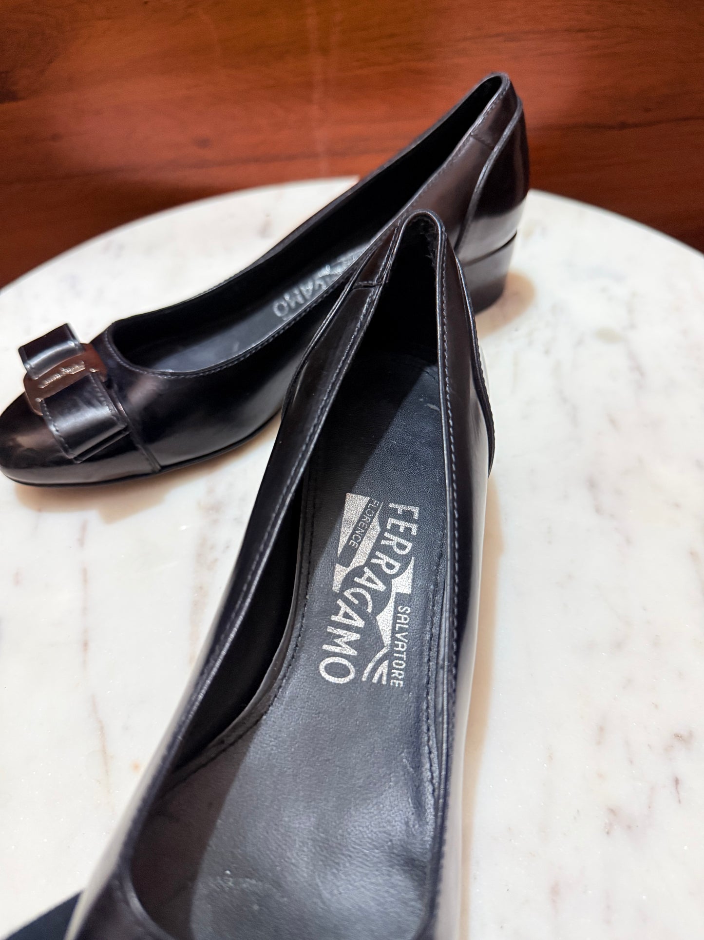 Salvatore Ferragamo Vara Bow Patent Leather Block Heel Pumps