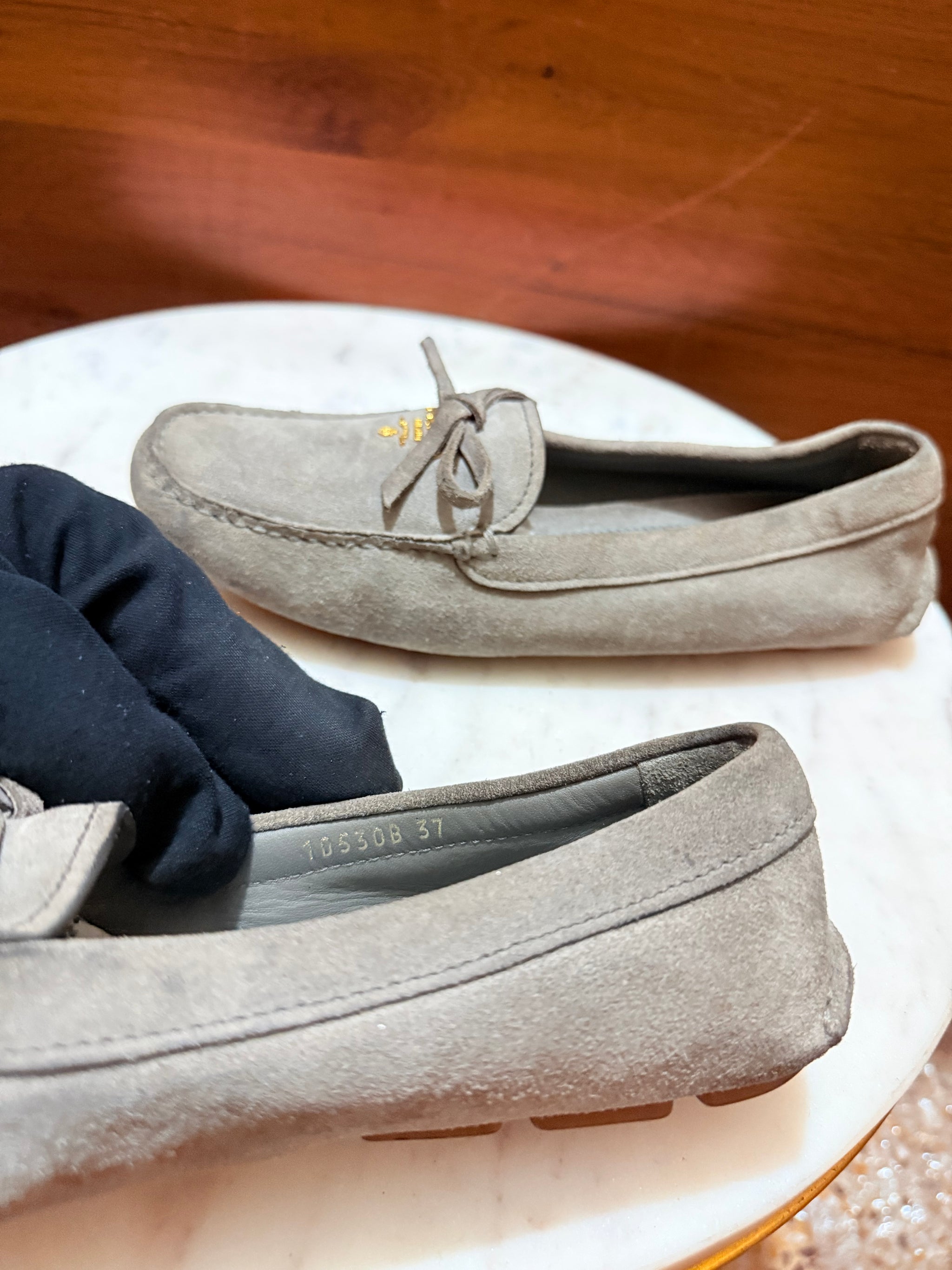 Prada Bow Detail Logo Suede Driving Loafers