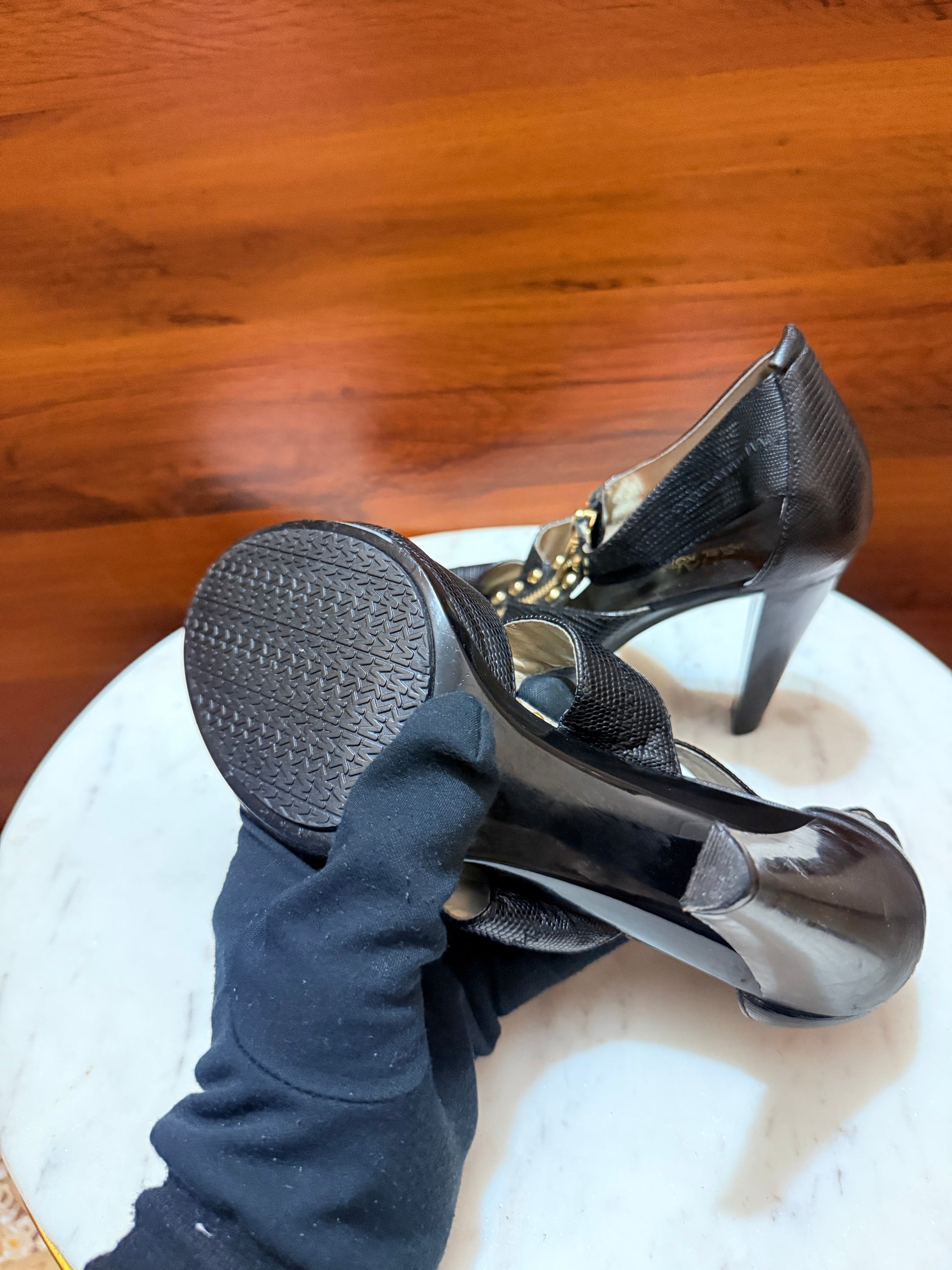 Michael Kors Studded Zipper Textured Leather Open-Toe Heel Sandals