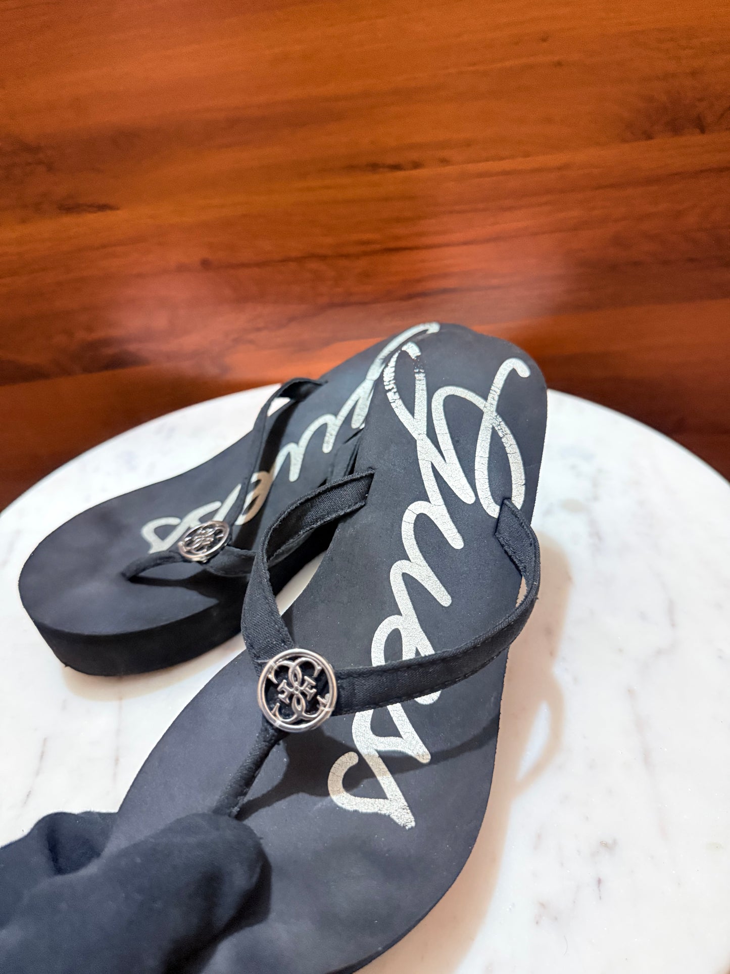 Guess Script Logo Medallion Platform Wedge Flip-Flop Sandals