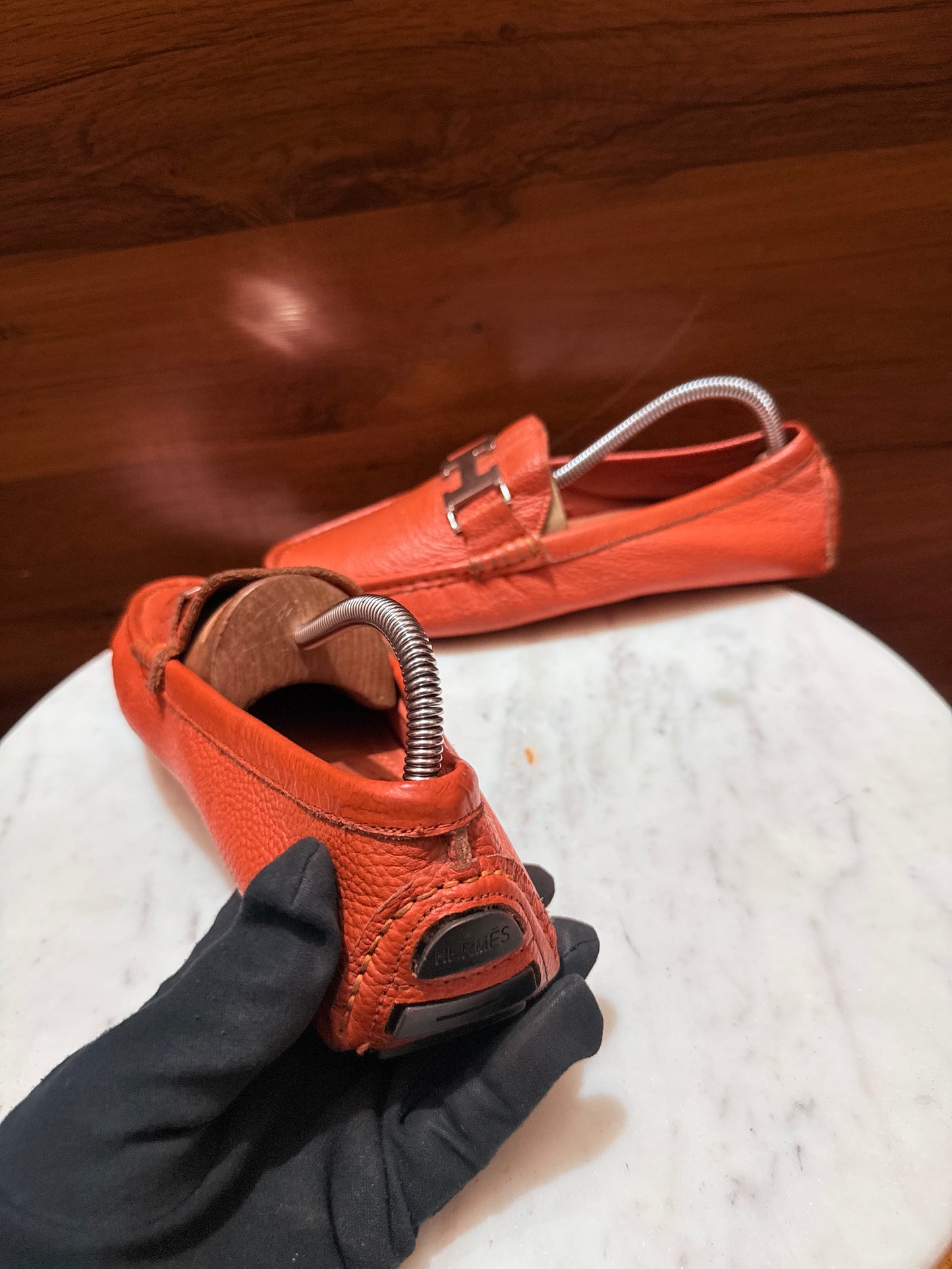 Hermes Paris 'H' Buckle Grainy Leather Moccasin Drivers