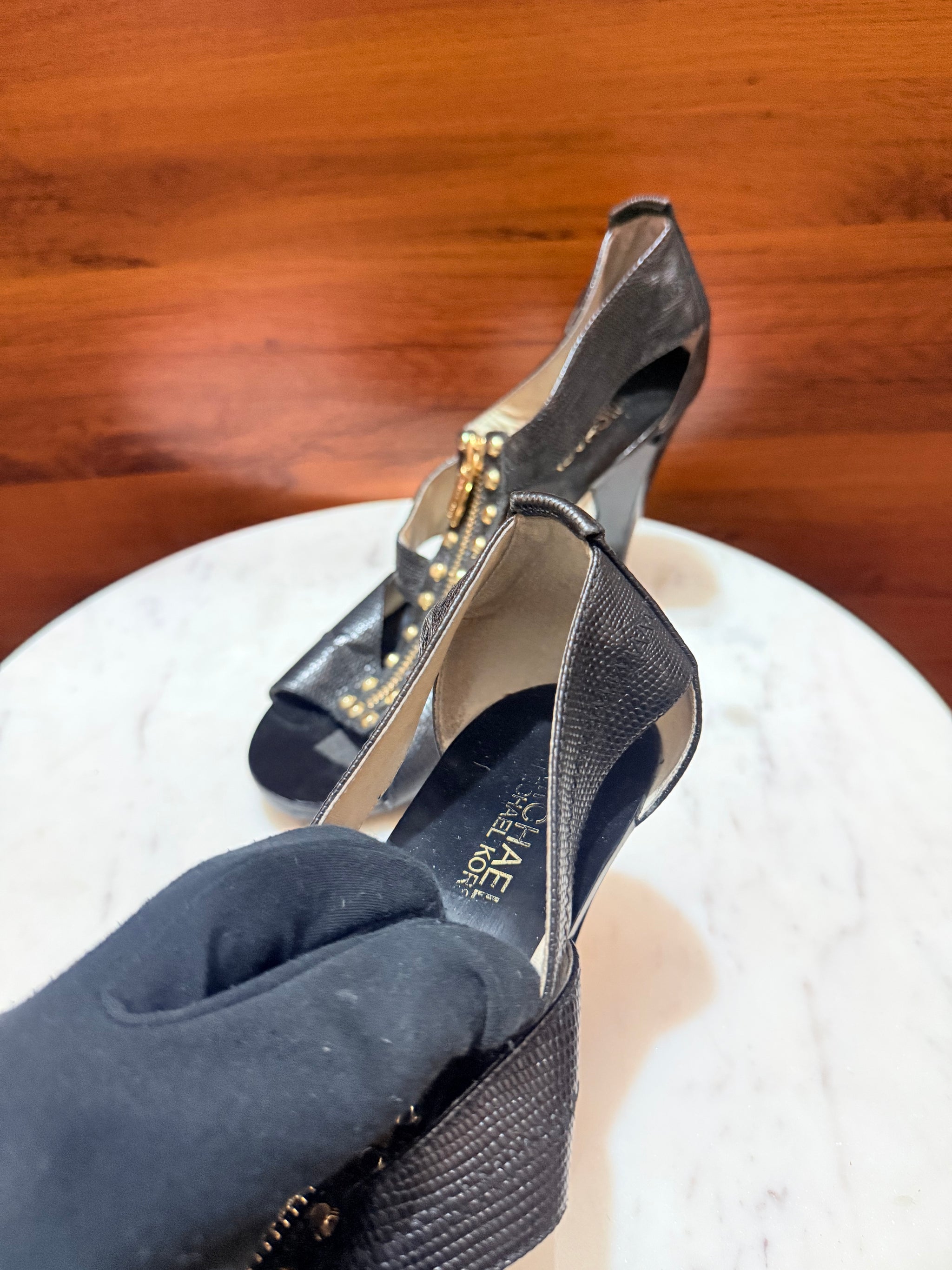 Michael Kors Studded Zipper Textured Leather Open-Toe Heel Sandals