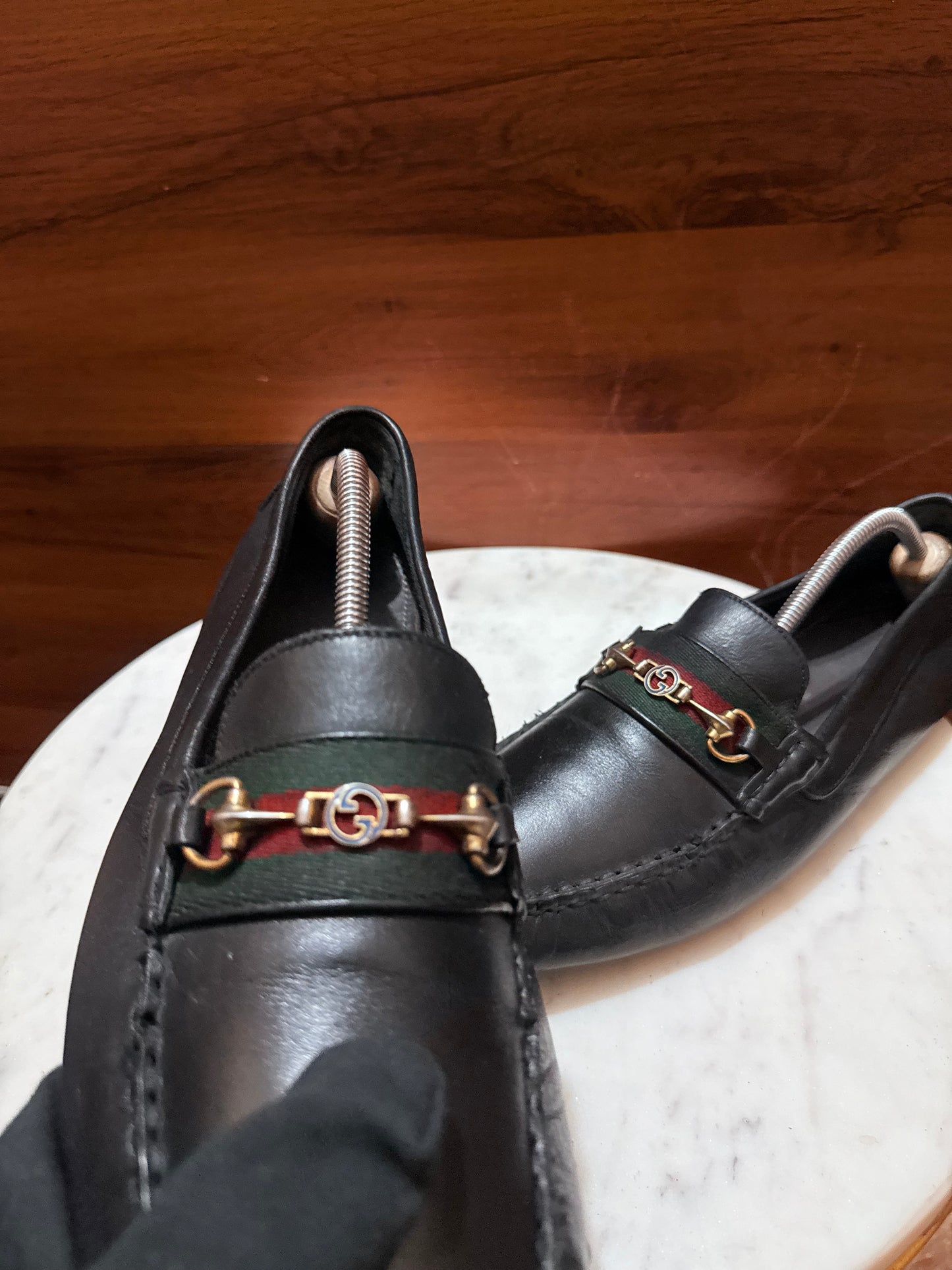 Gucci Web Stripe Horsebit Leather Driver Loafers