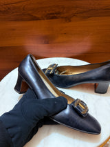 Salvatore Ferragamo Gancini Buckle Leather Mid Block Heel Pumps