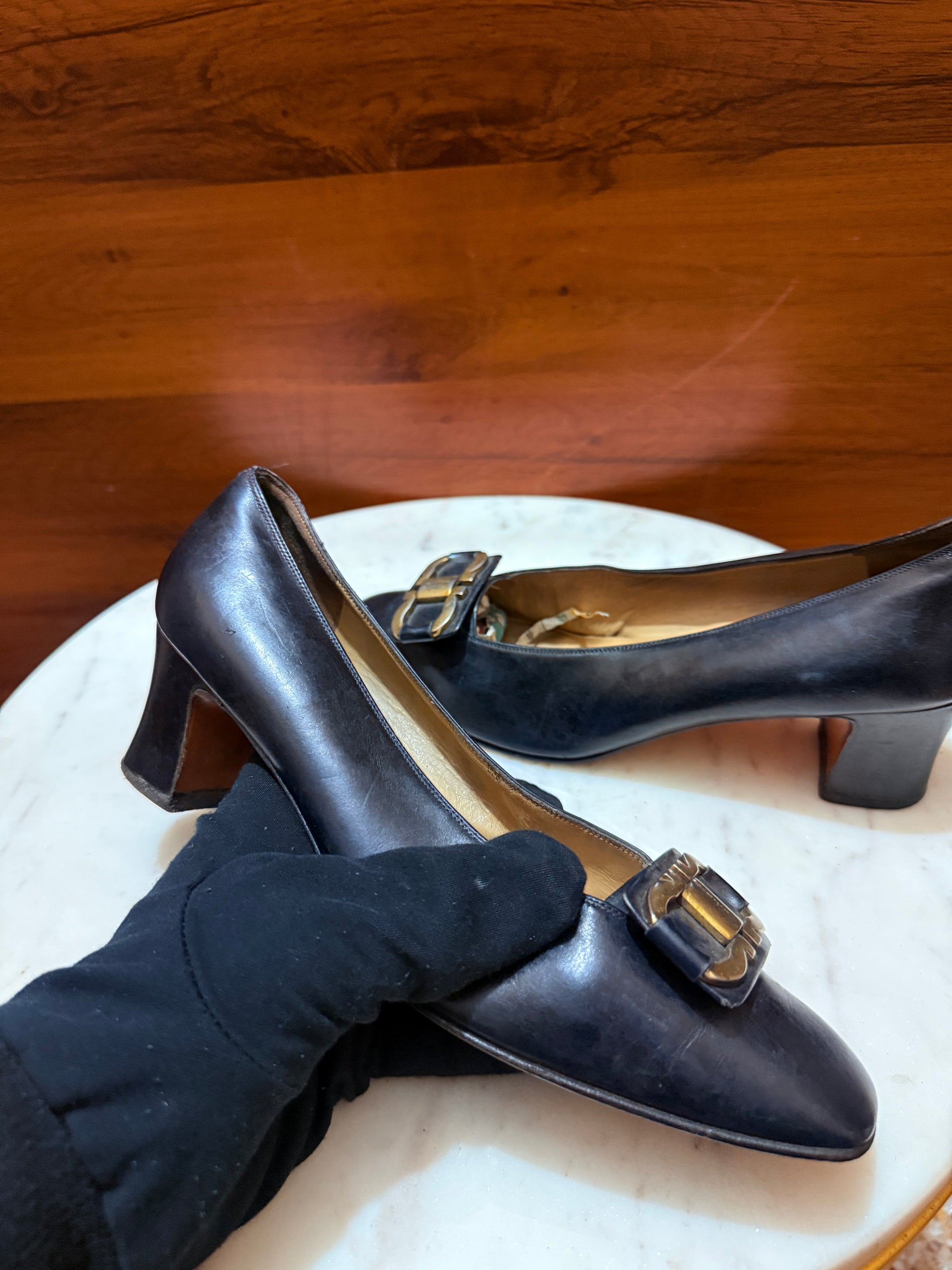Salvatore Ferragamo Gancini Buckle Leather Mid Block Heel Pumps