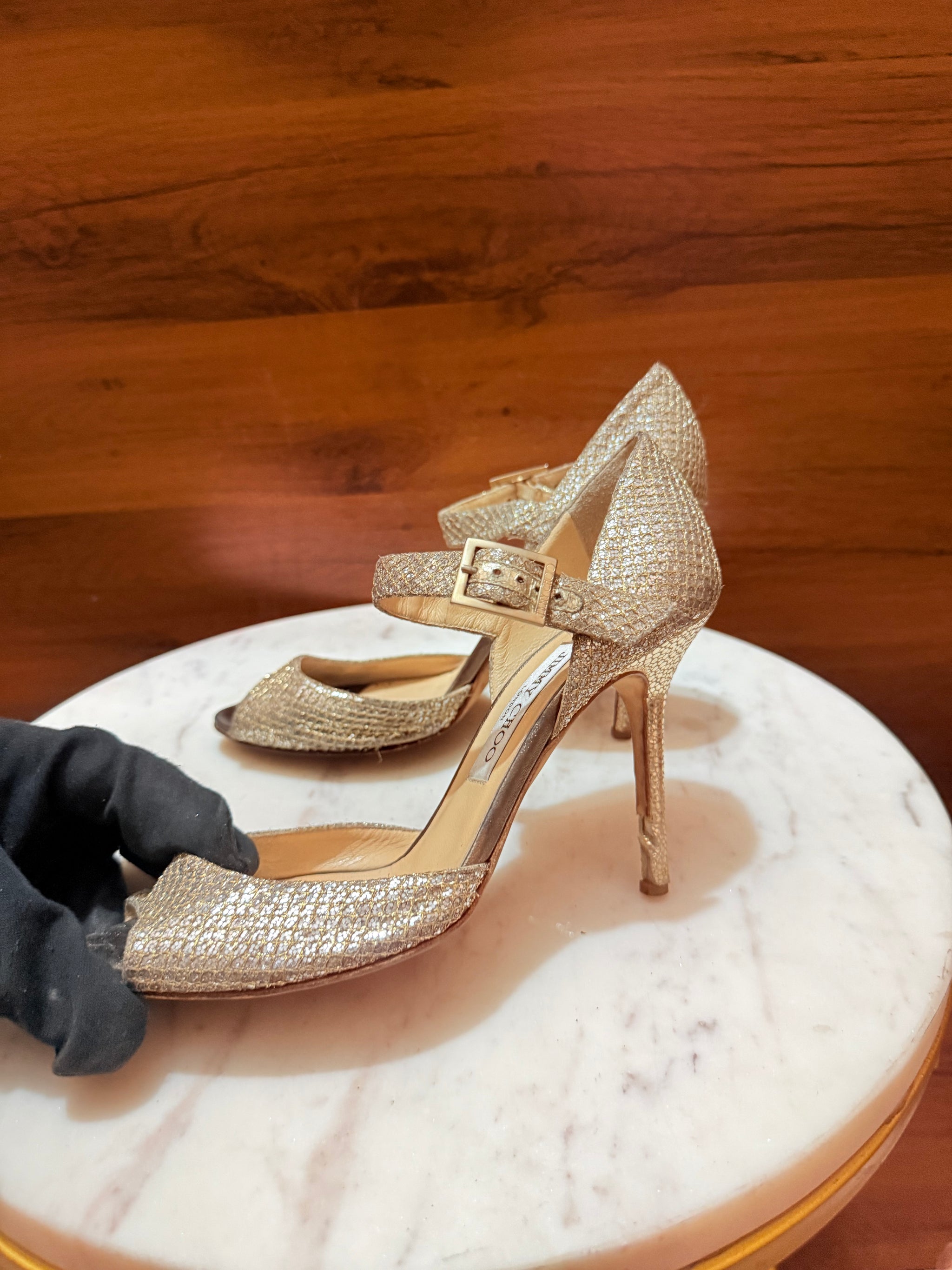 Jimmy Choo Anouk / Glen Glitter Ankle Strap Open-Toe Stiletto Pumps
