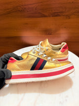 Gucci Kids Metallic Gold Leather Web Stripe Ace Platform Sneakers