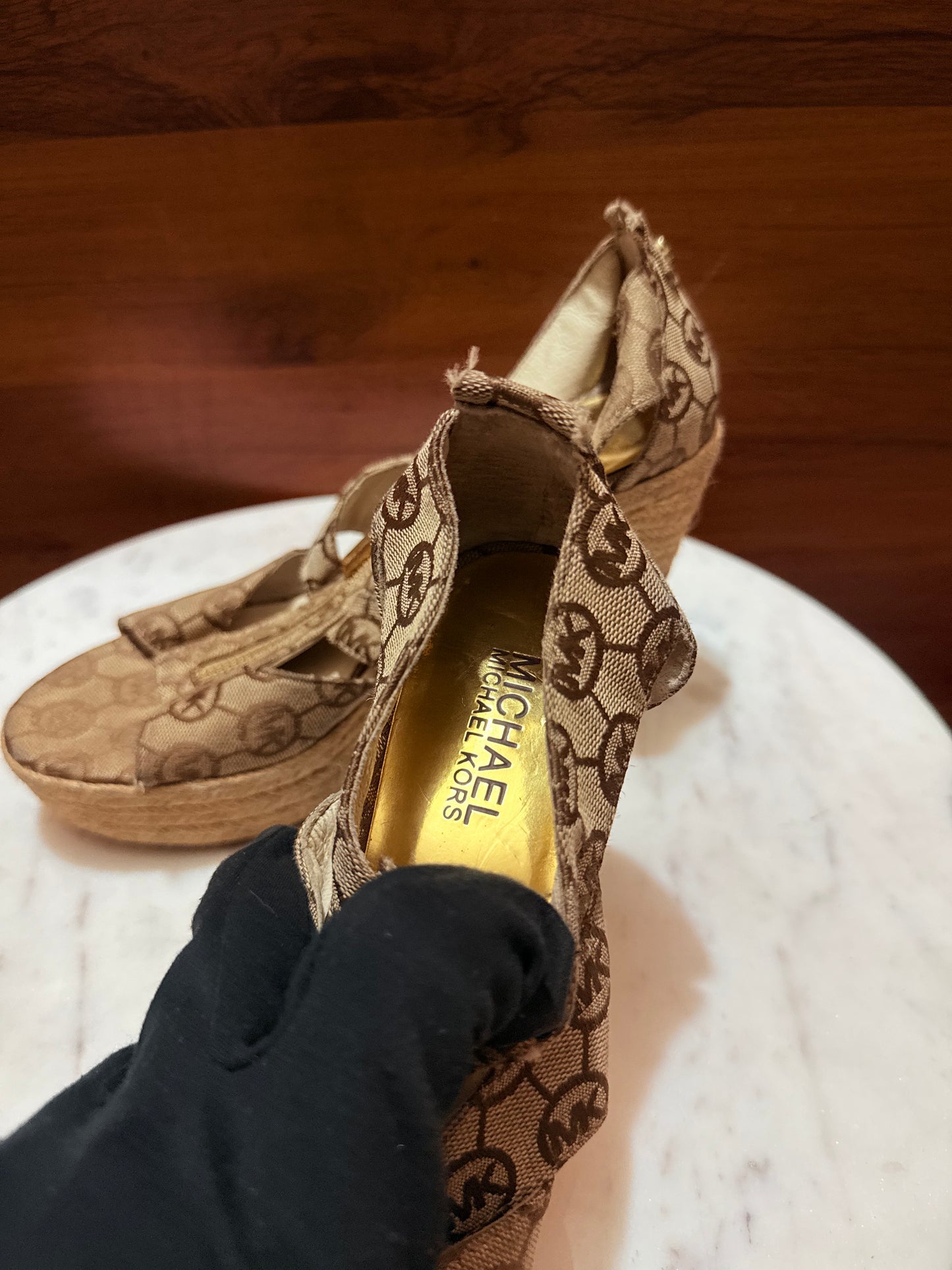 Michael Kors Logo Monogram Canvas Front-Zip Espadrille Wedge Sandals