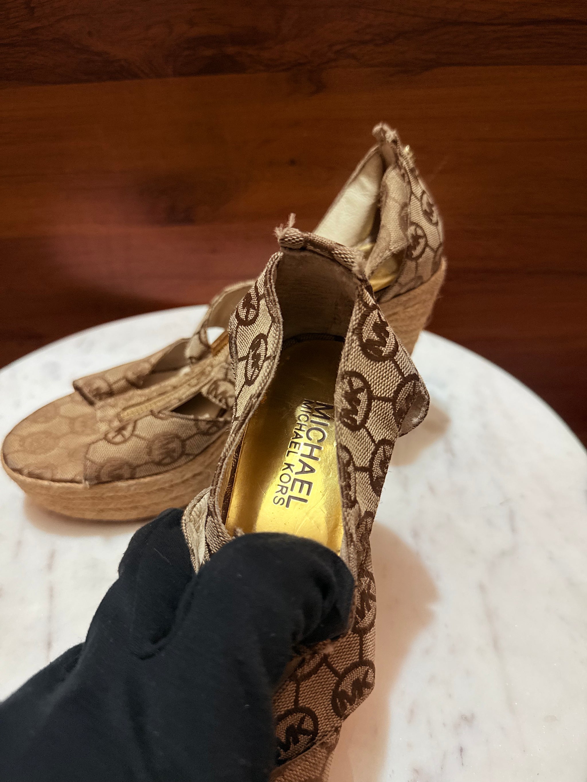 Michael Kors Logo Monogram Canvas Front-Zip Espadrille Wedge Sandals