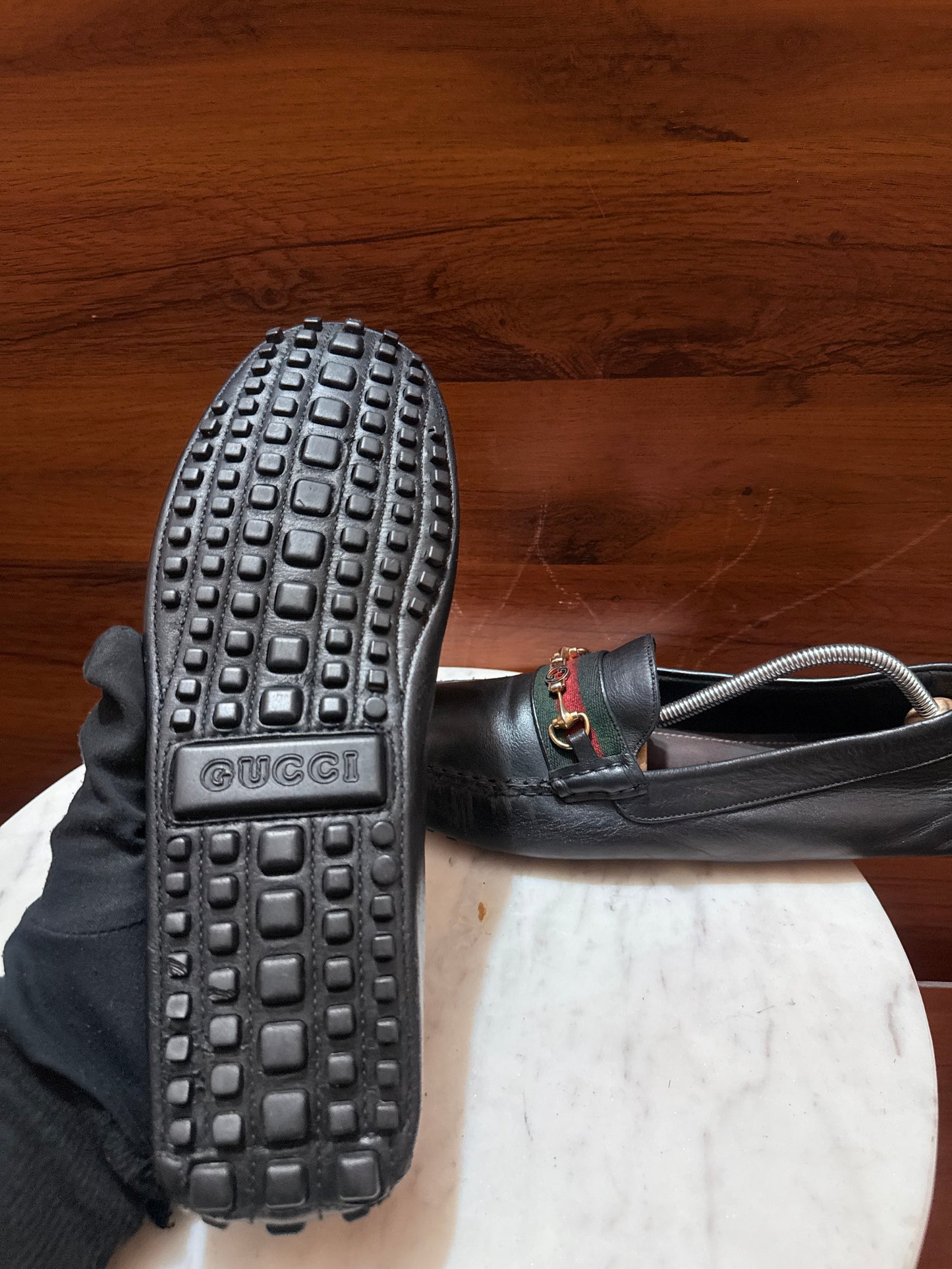 Gucci Web Stripe Horsebit Leather Driver Loafers