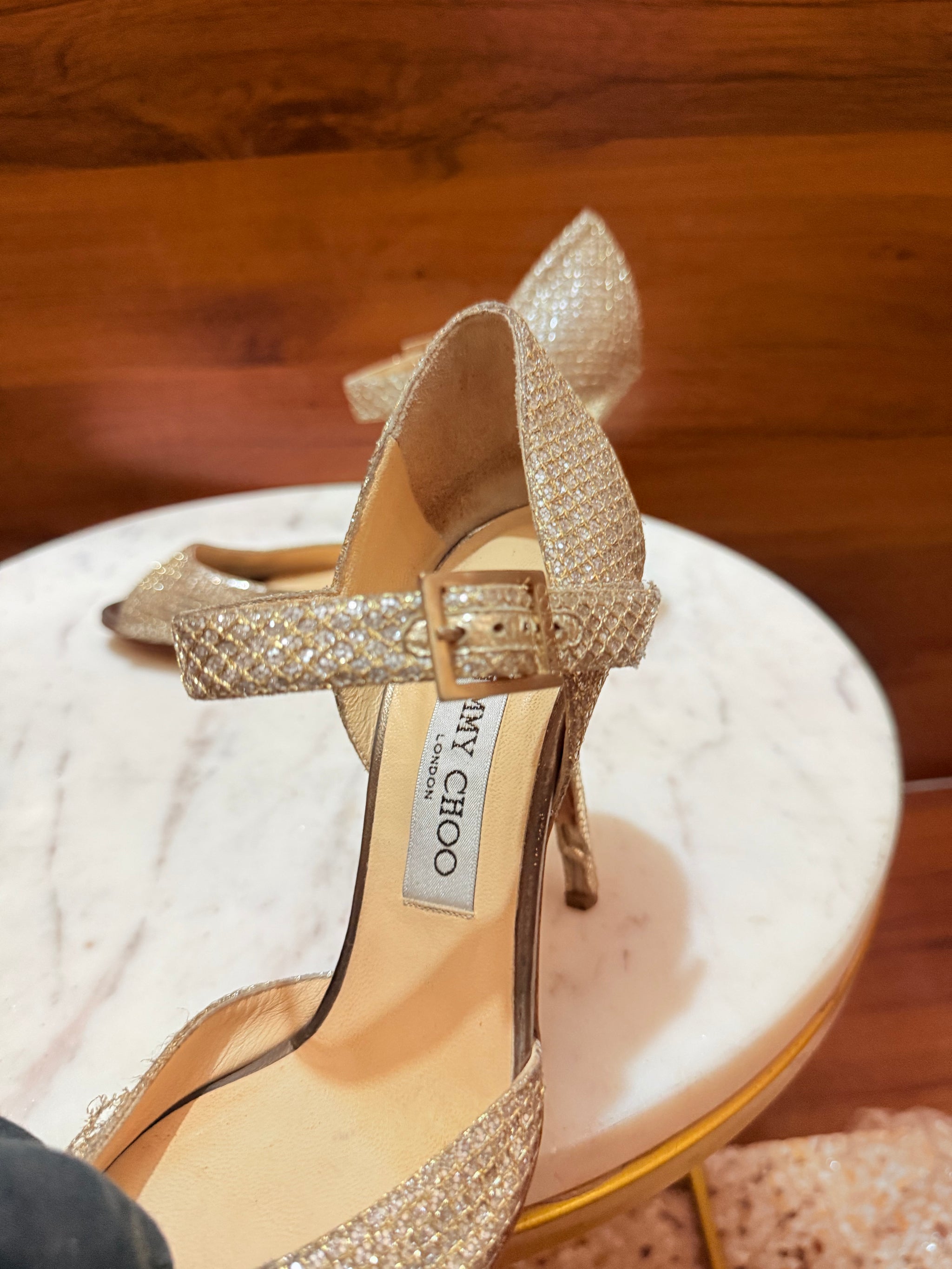 Jimmy Choo Anouk / Glen Glitter Ankle Strap Open-Toe Stiletto Pumps