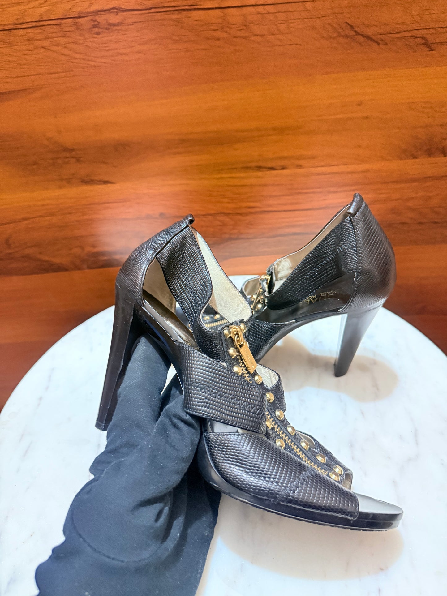Michael Kors Studded Zipper Textured Leather Open-Toe Heel Sandals