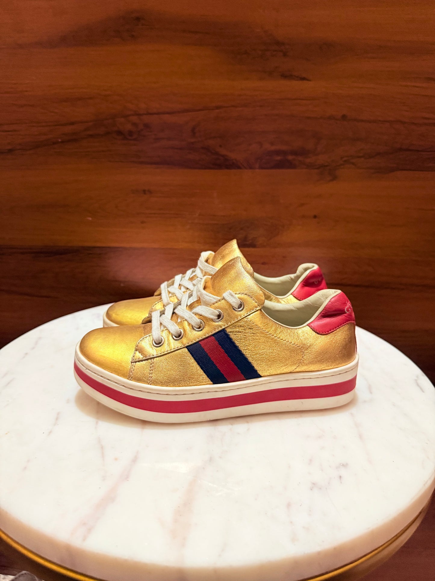 Gucci Kids Metallic Gold Leather Web Stripe Ace Platform Sneakers