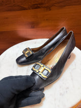 Salvatore Ferragamo Gancini Buckle Leather Mid Block Heel Pumps