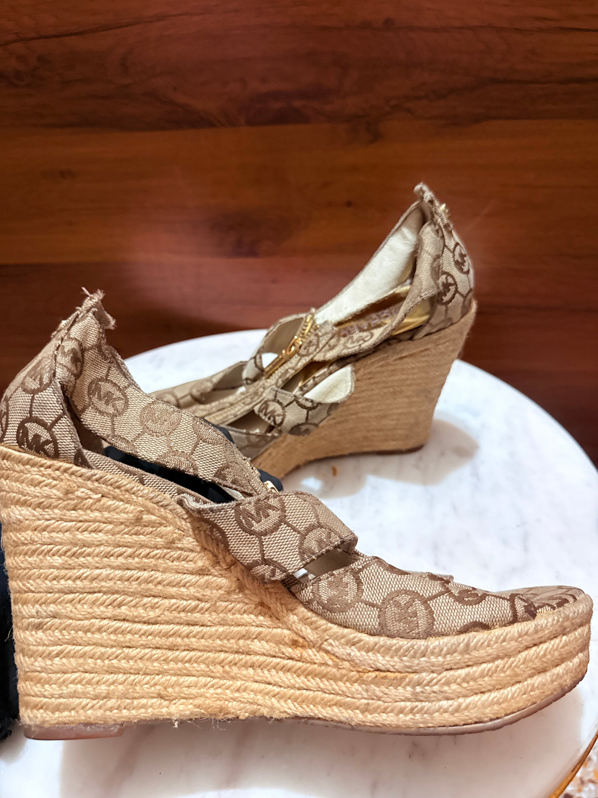 Michael Kors Logo Monogram Canvas Front-Zip Espadrille Wedge Sandals