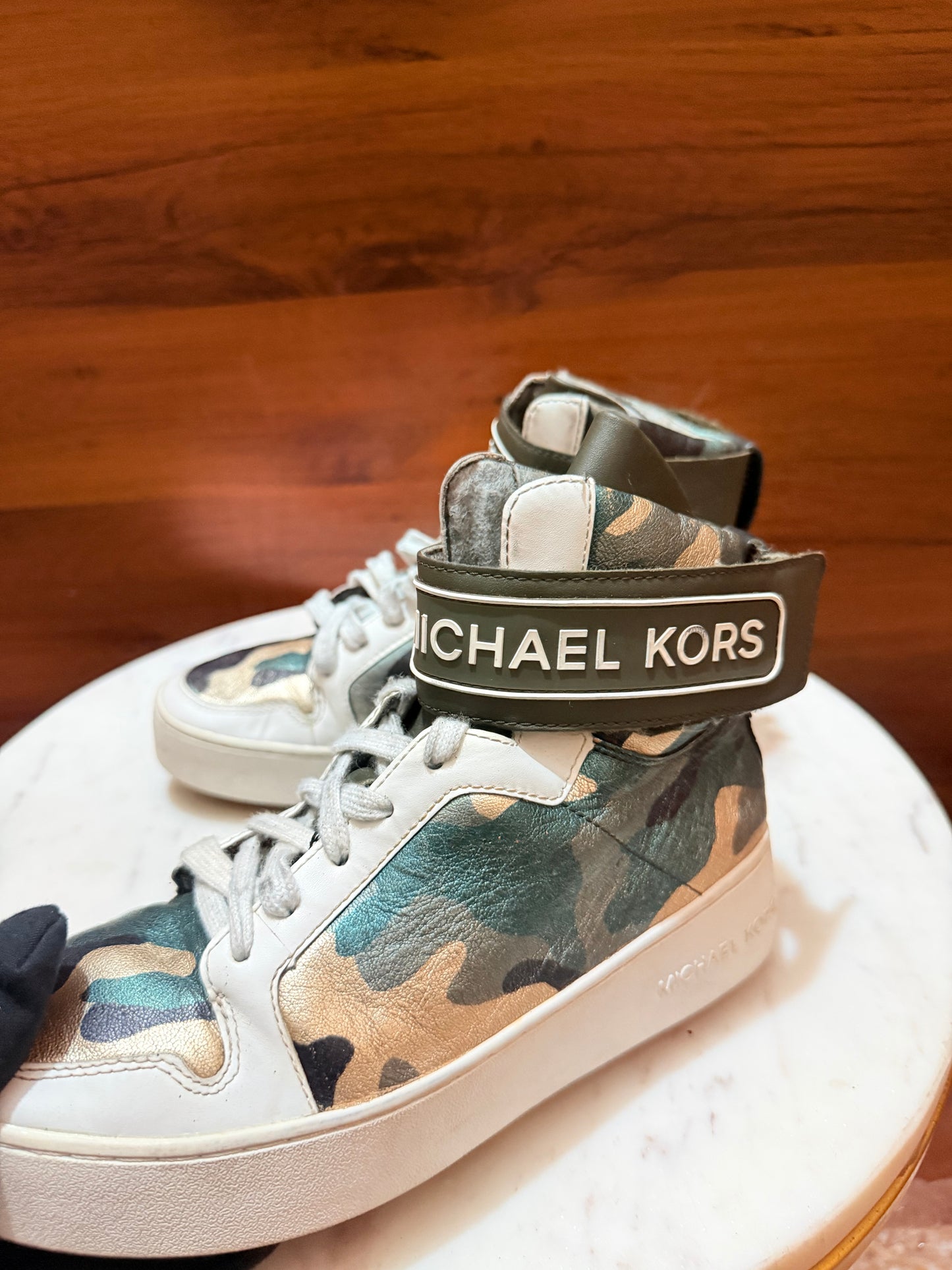 Michael Kors Logo Ankle Strap Camouflage High-Top Platform Sneakers