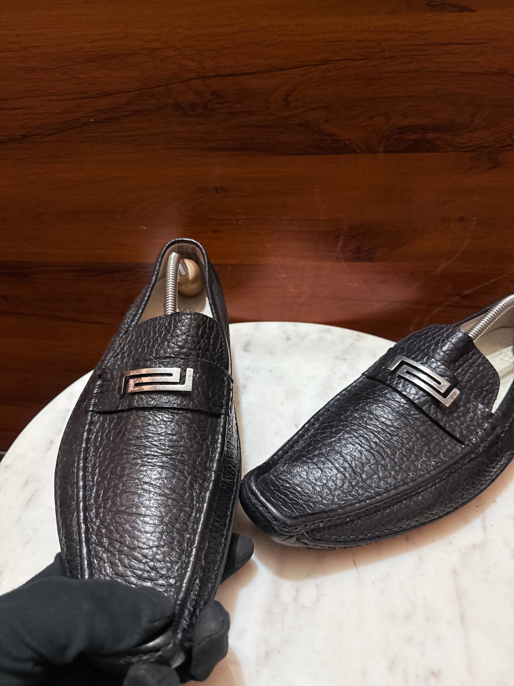 Versace Greca Hardware Grainy Leather Driver Loafers