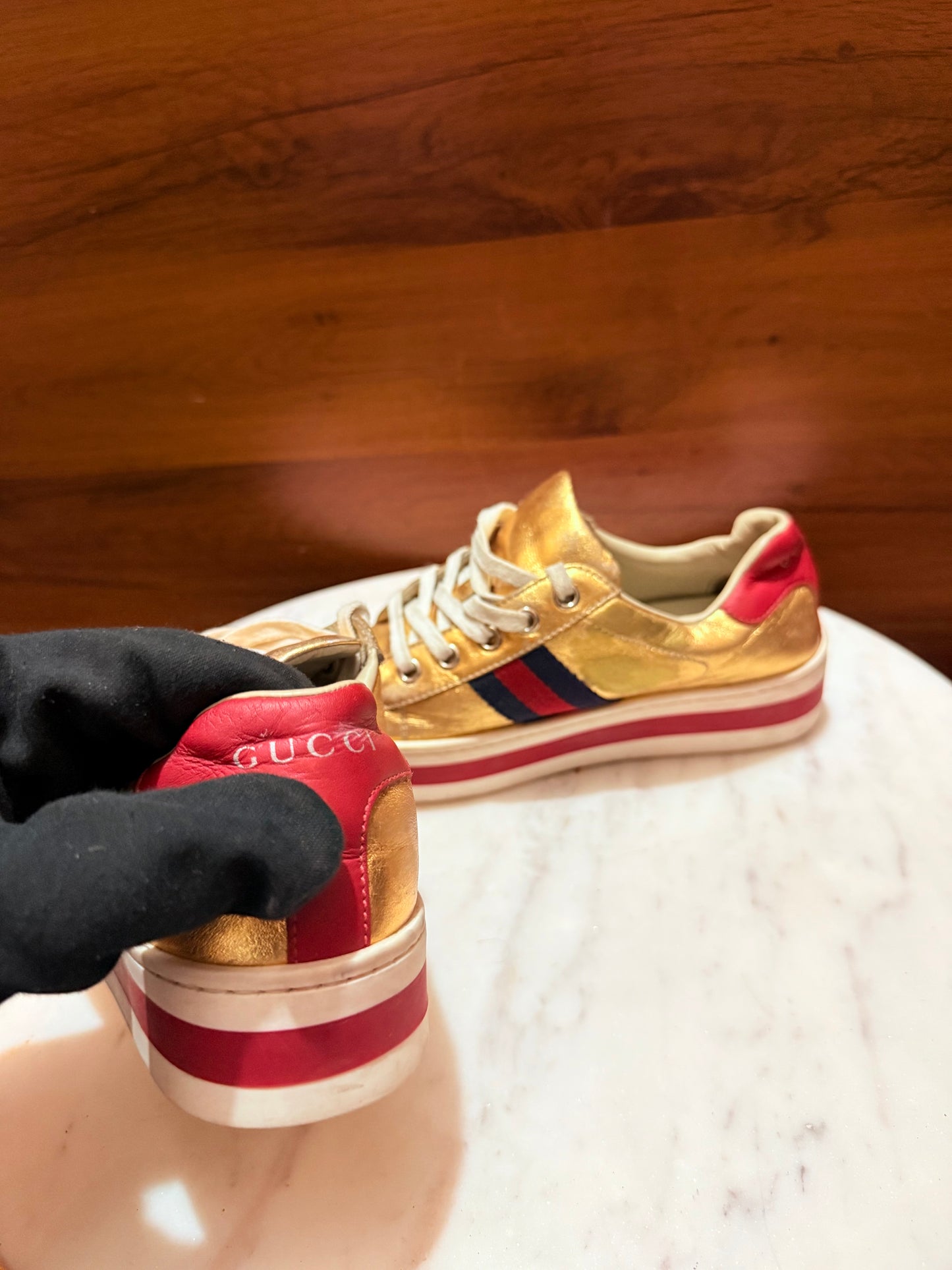 Gucci Kids Metallic Gold Leather Web Stripe Ace Platform Sneakers