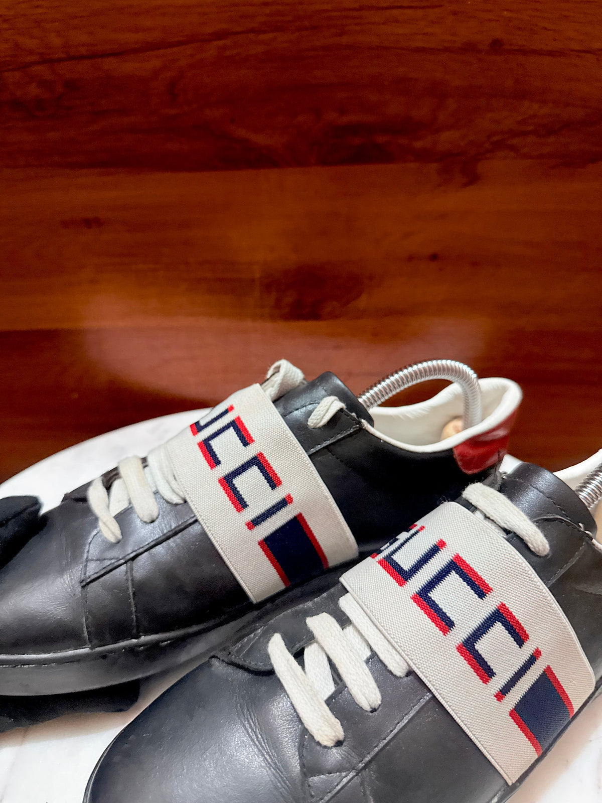 Gucci Ace Jacquard Elastic Logo Leather Sneakers