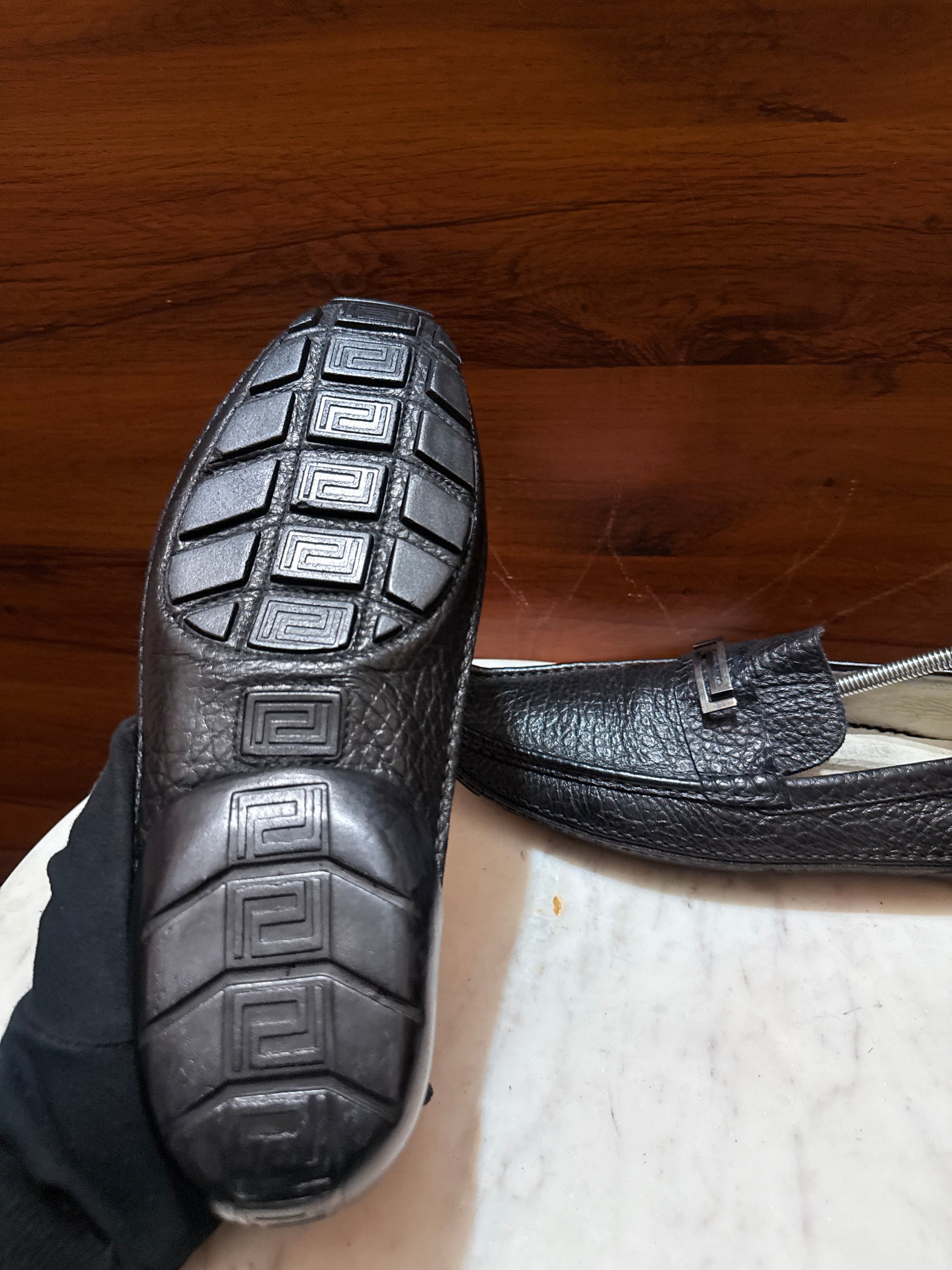Versace Greca Hardware Grainy Leather Driver Loafers