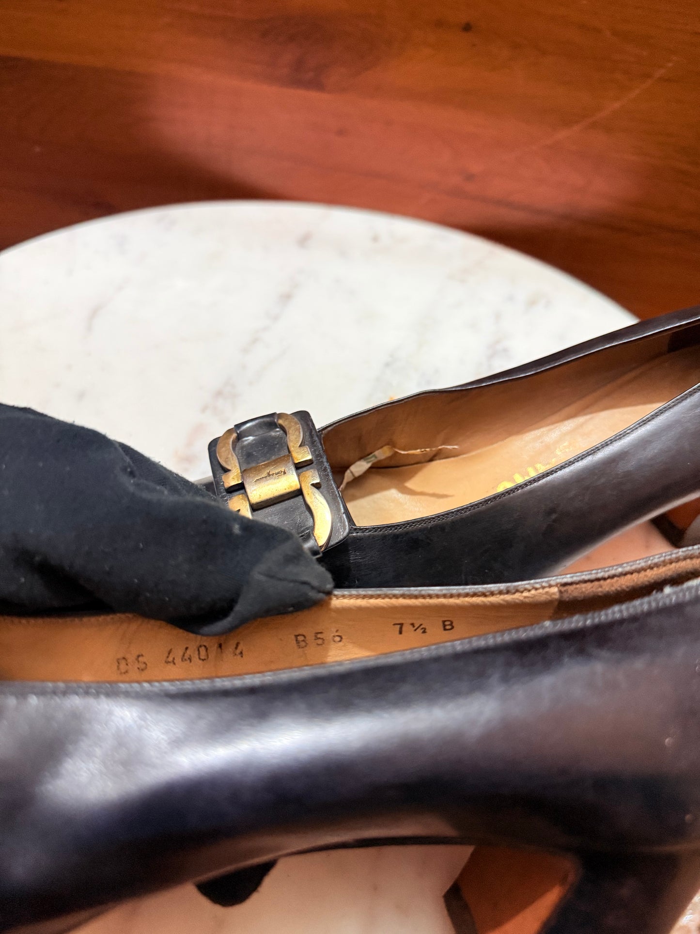 Salvatore Ferragamo Gancini Buckle Leather Mid Block Heel Pumps