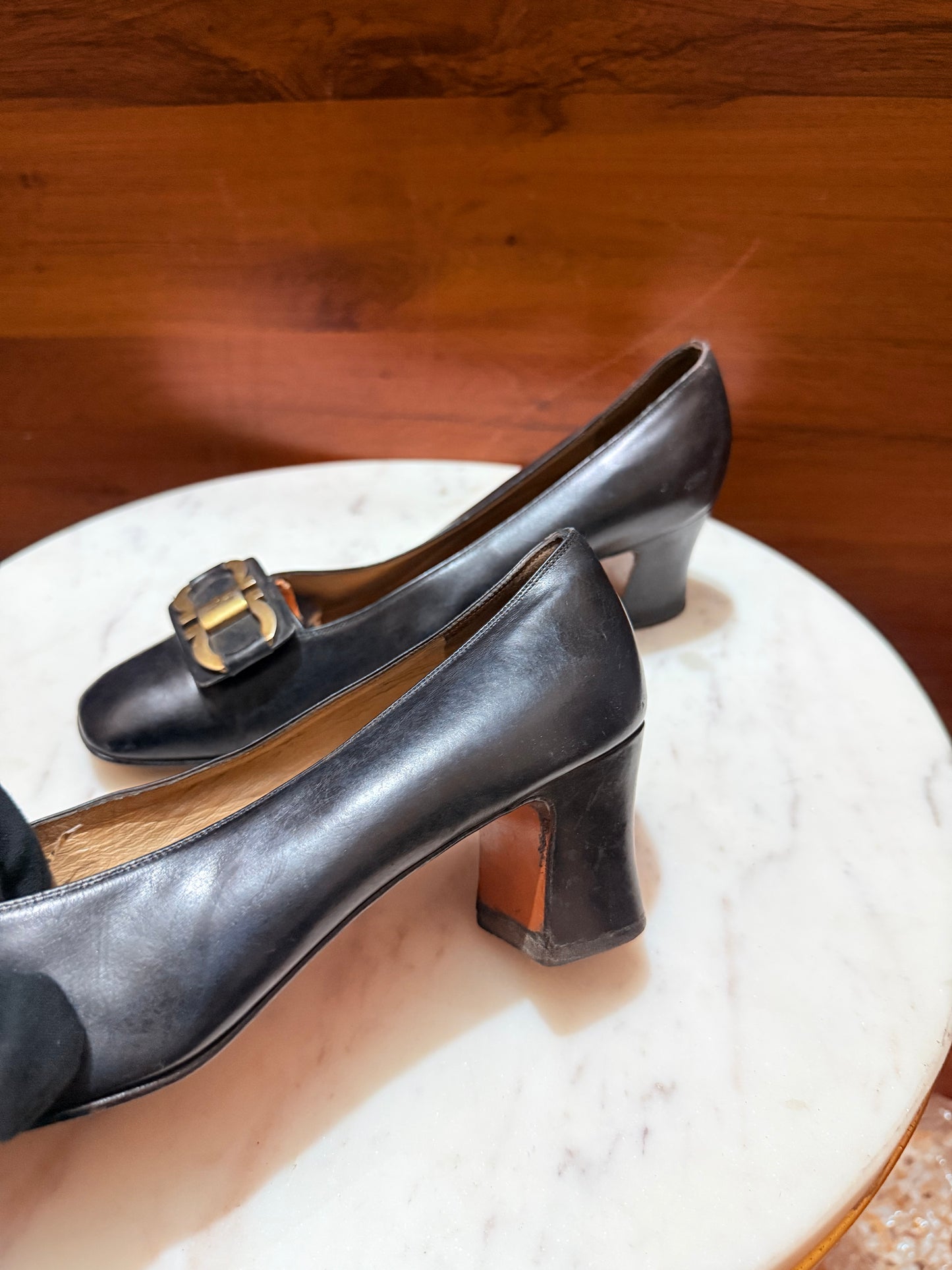 Salvatore Ferragamo Gancini Buckle Leather Mid Block Heel Pumps