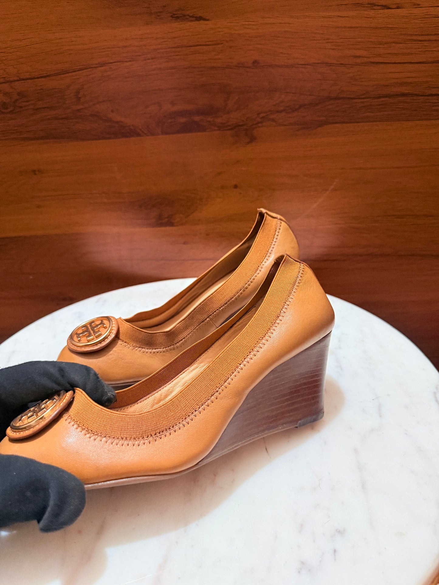 Tory Burch Reva Logo Leather Wedge Pumps