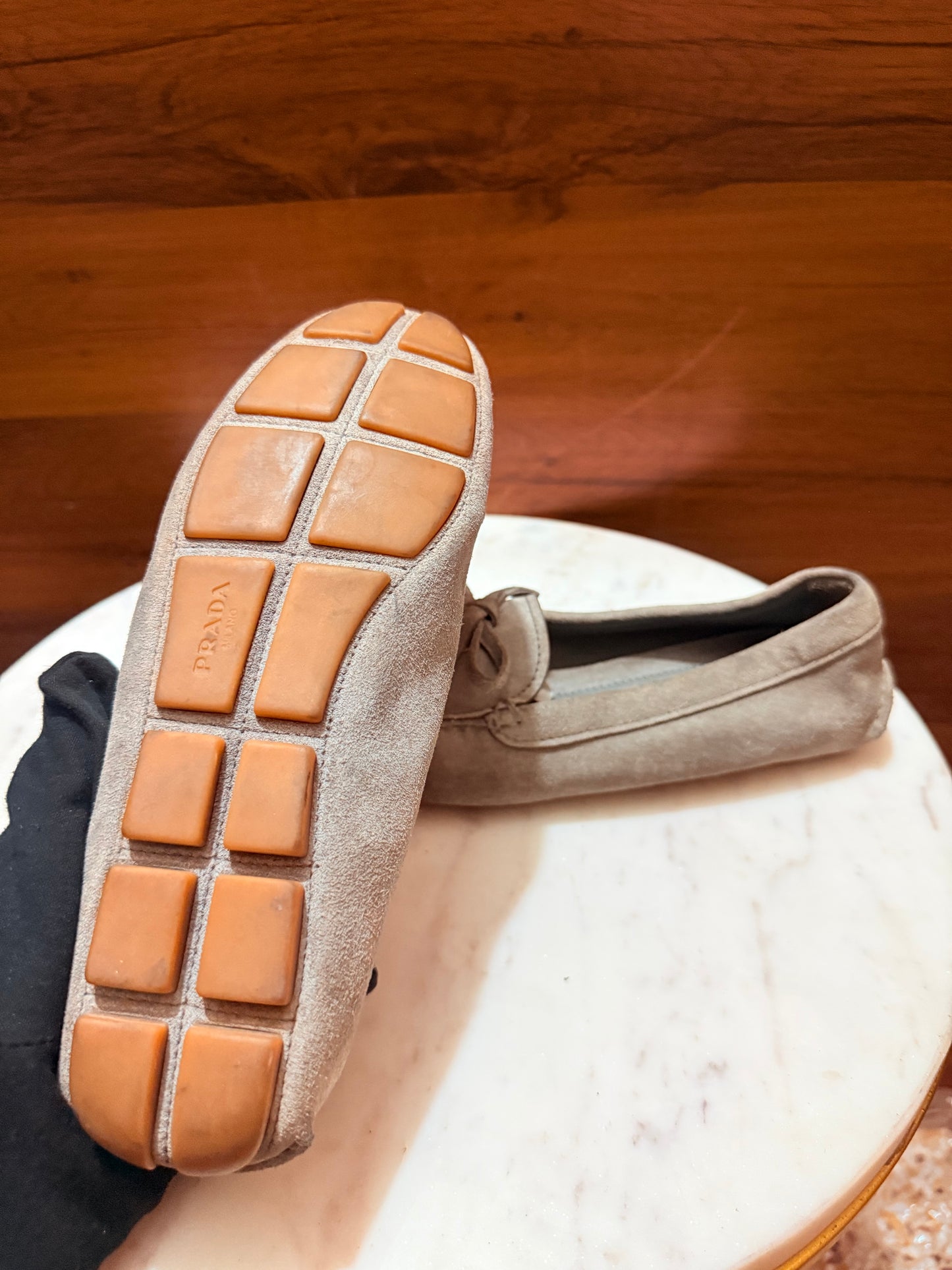 Prada Bow Detail Logo Suede Driving Loafers
