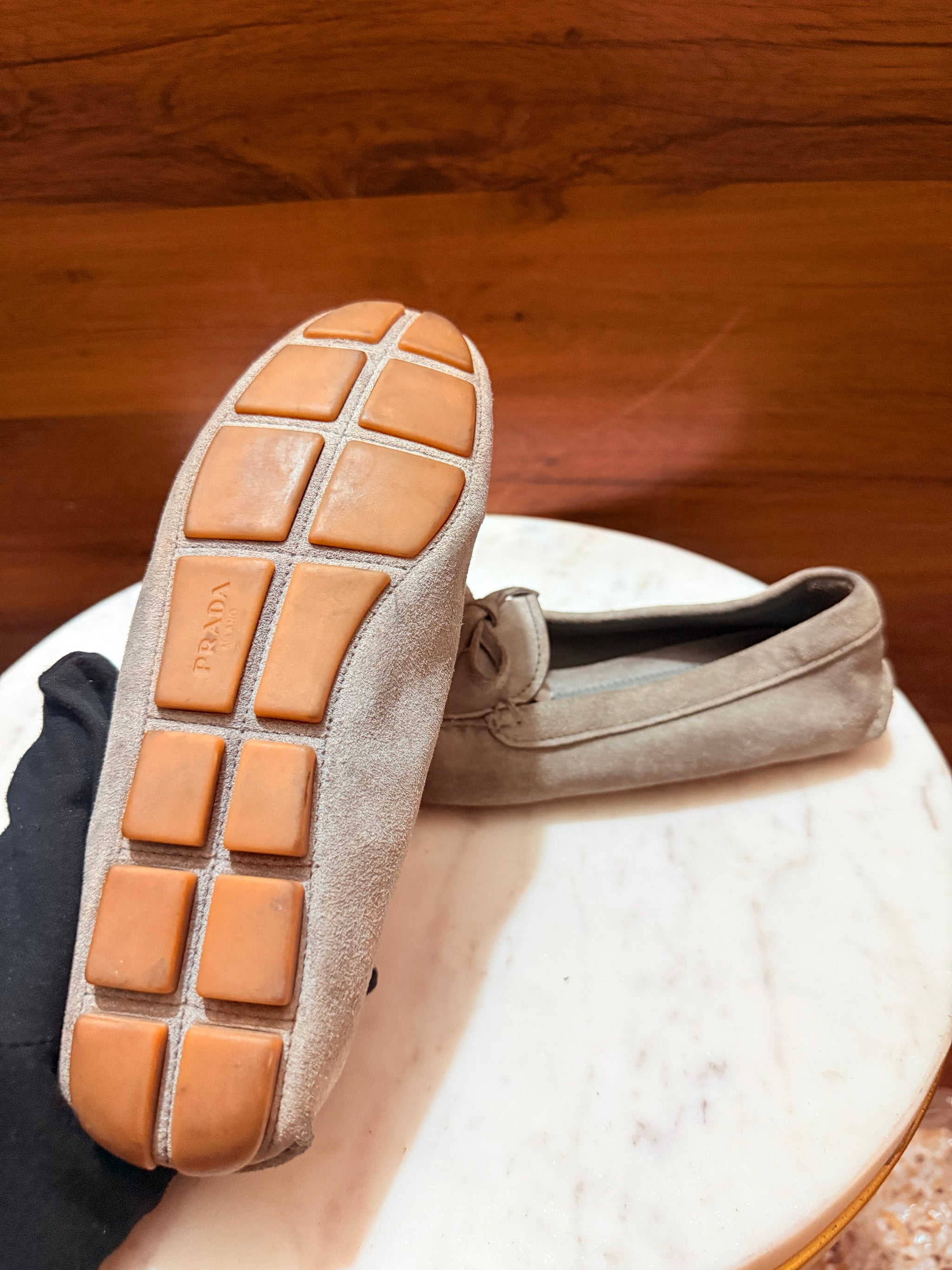 Prada Bow Detail Logo Suede Driving Loafers