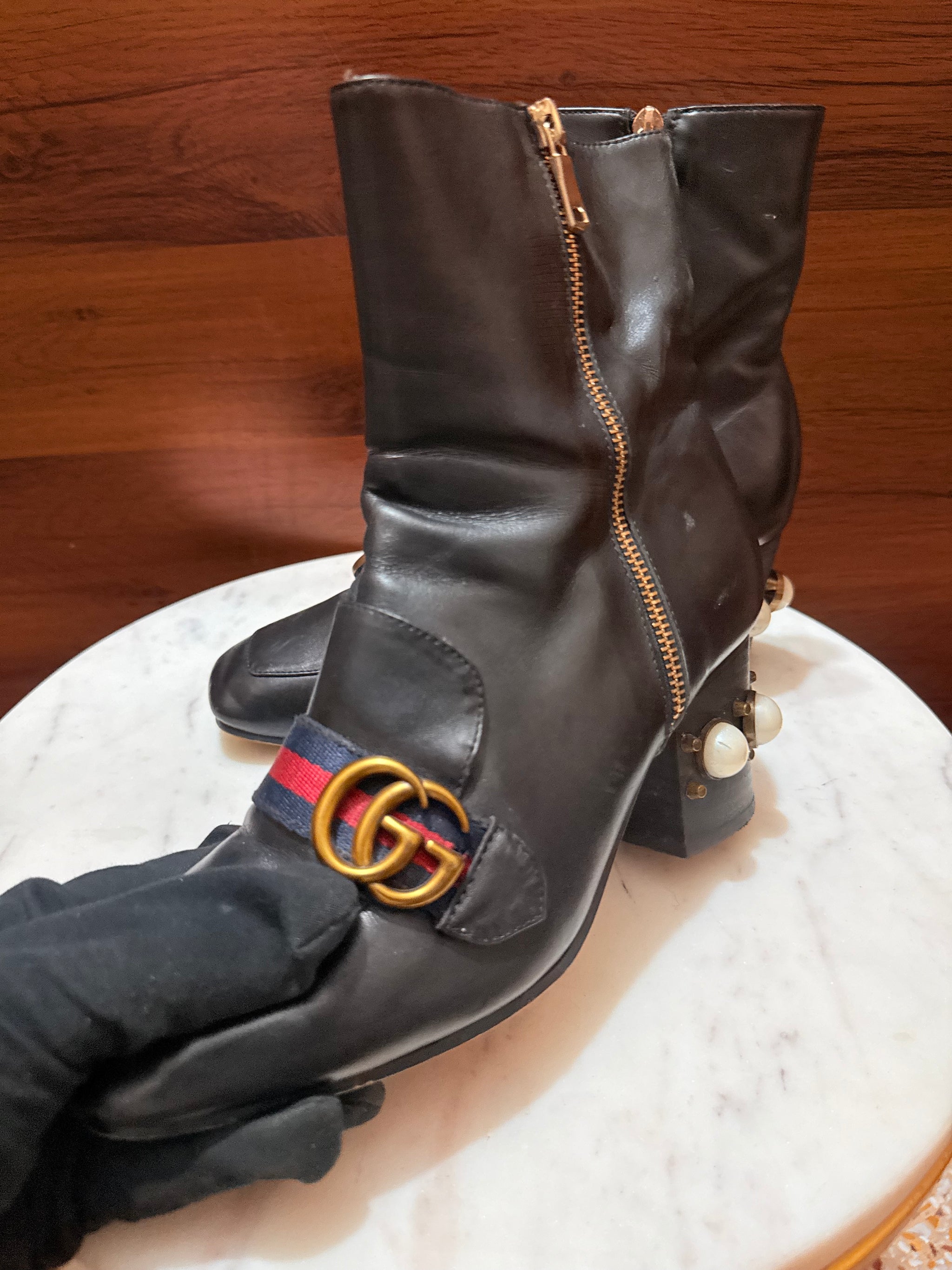 Gucci GG Web Stripe Pearl Embellished Block Heel Ankle Boots