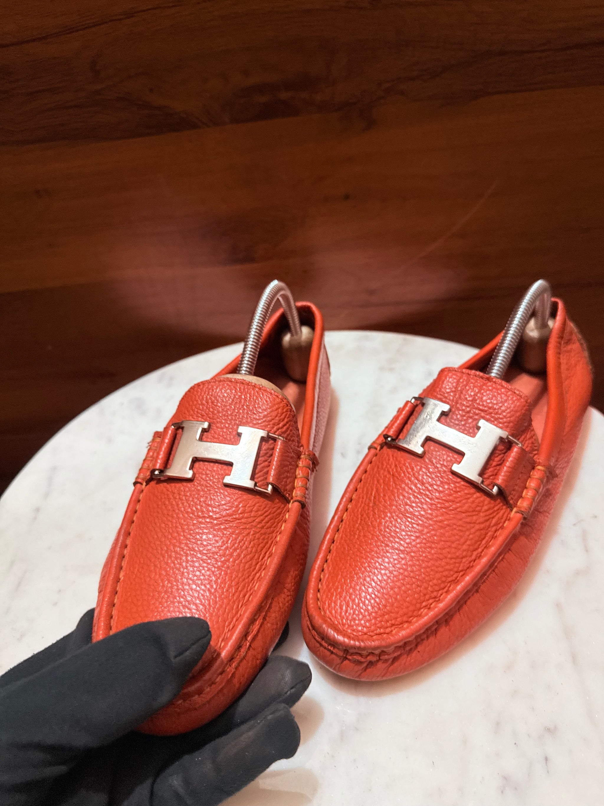 Hermes Paris 'H' Buckle Grainy Leather Moccasin Drivers