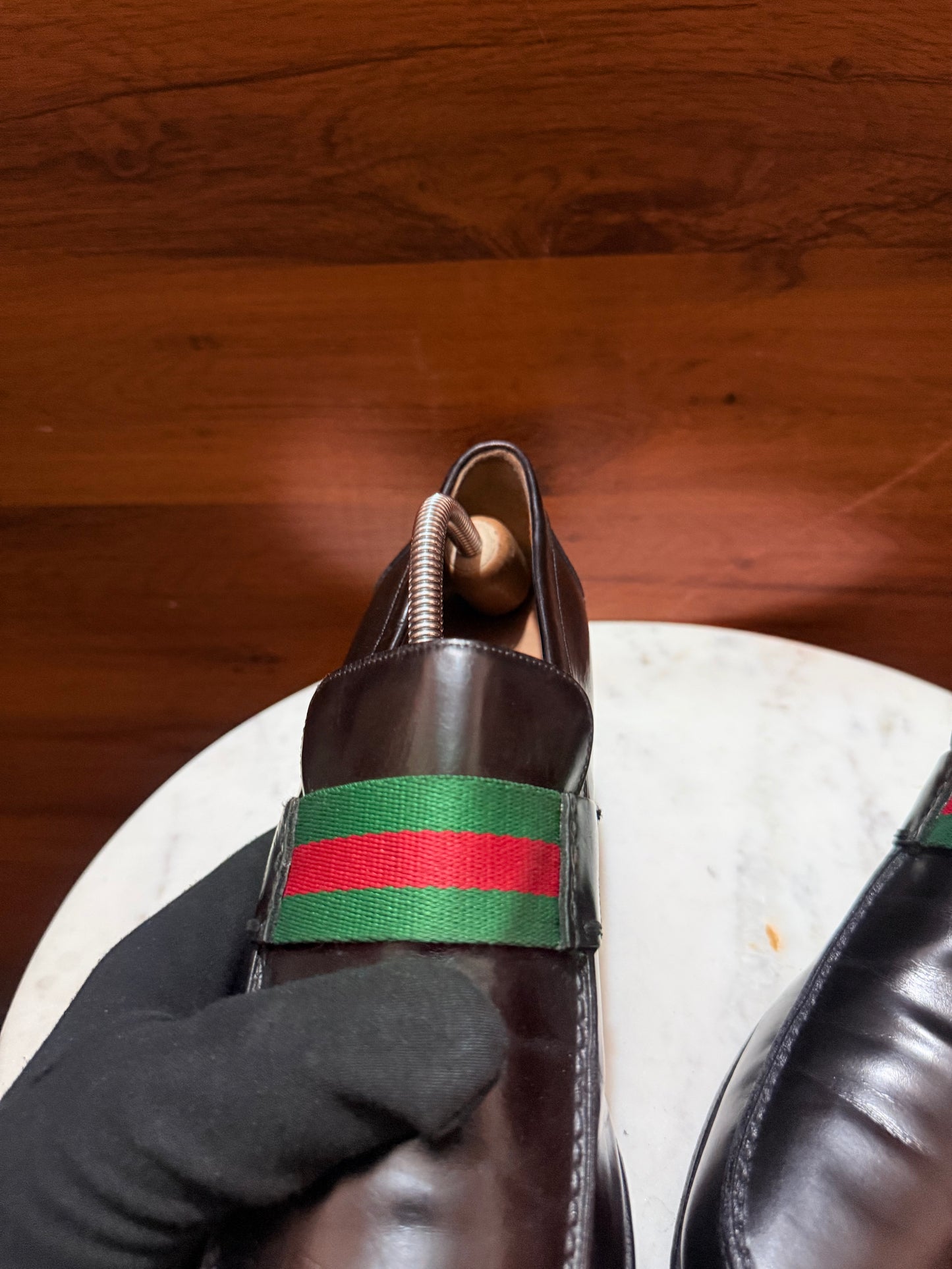 Gucci Web Stripe Leather Penny Loafers