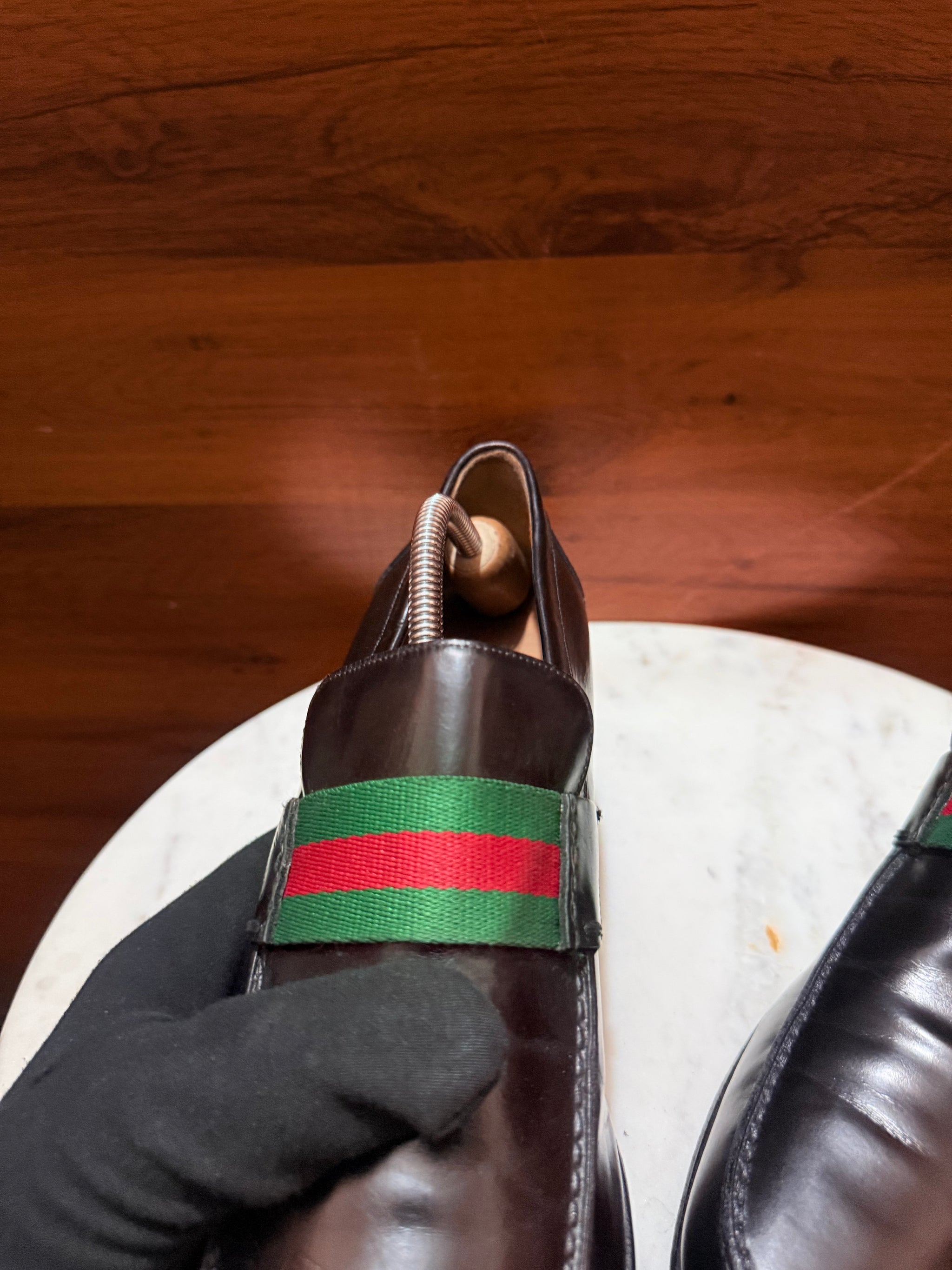 Gucci Web Stripe Leather Penny Loafers