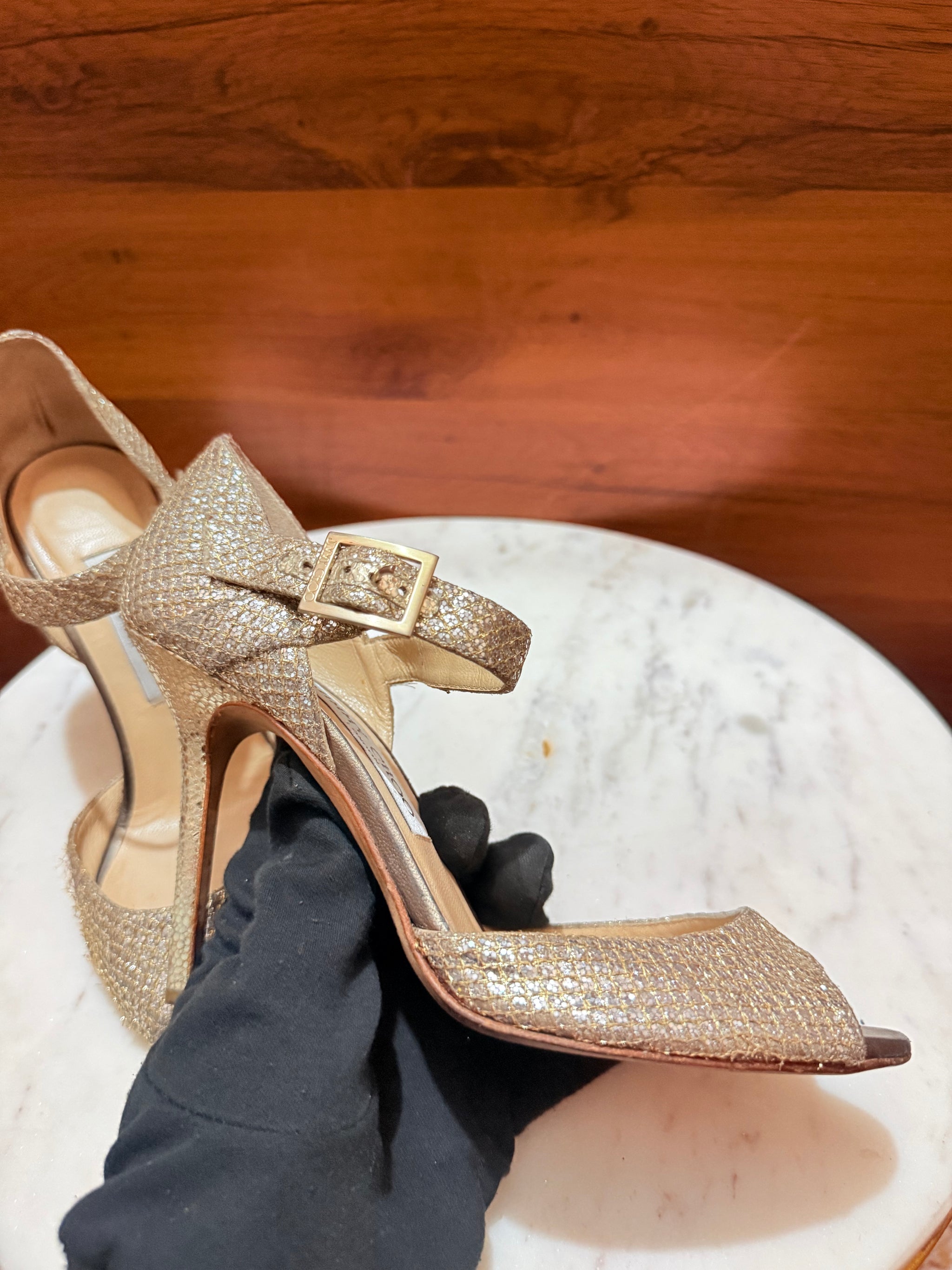 Jimmy Choo Anouk / Glen Glitter Ankle Strap Open-Toe Stiletto Pumps