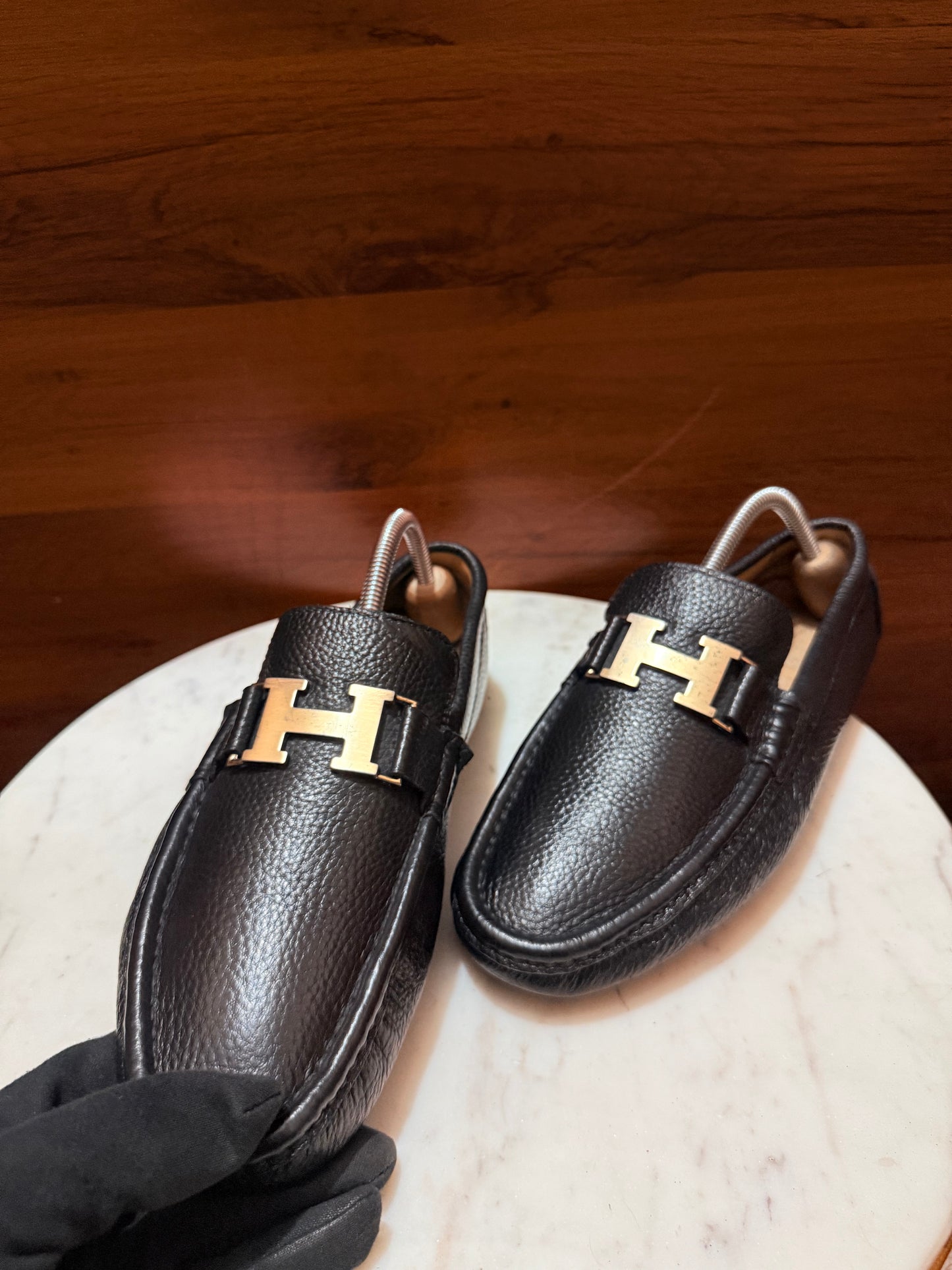 Hermès Paris 'H' Buckle Grainy Leather Moccasin Drivers