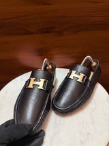 Hermès Paris 'H' Buckle Grainy Leather Moccasin Drivers