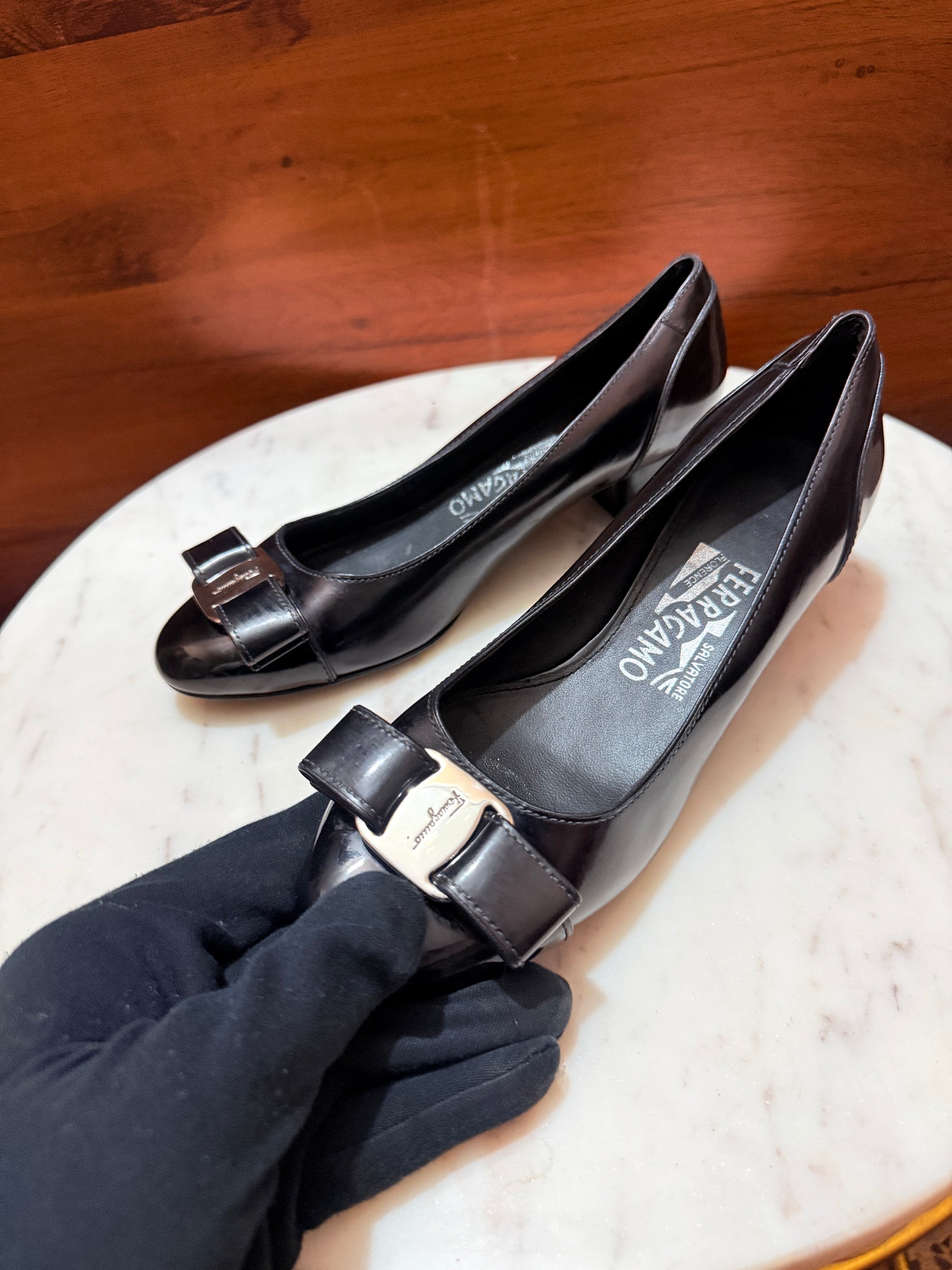 Salvatore Ferragamo Vara Bow Patent Leather Block Heel Pumps