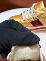 Gucci Kids Metallic Gold Leather Web Stripe Ace Platform Sneakers