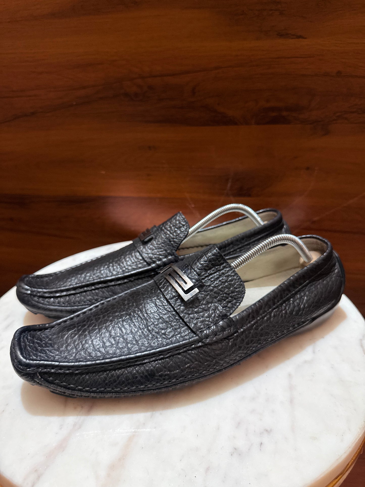 Versace Greca Hardware Grainy Leather Driver Loafers